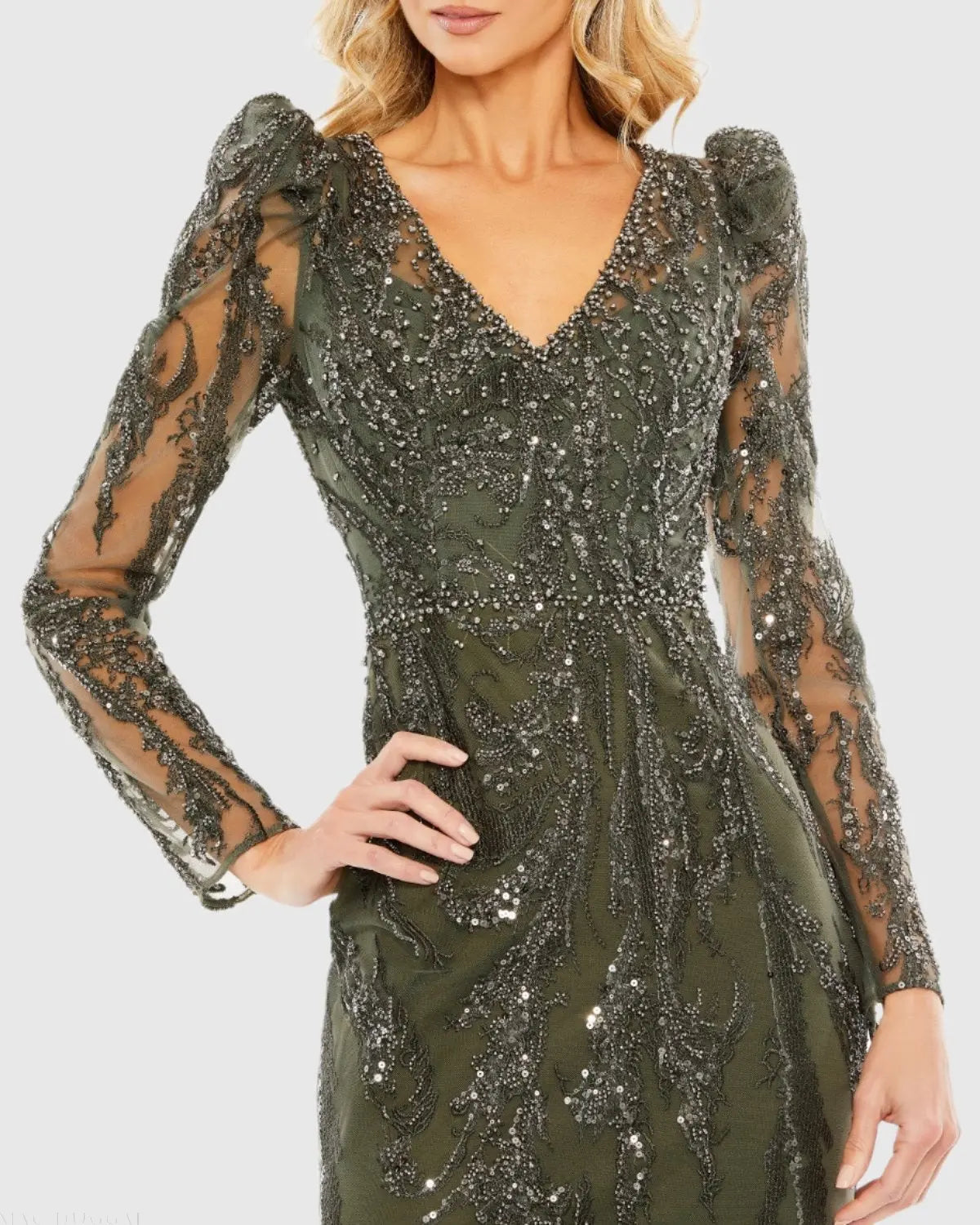 Green Embellished Puff Sleeve V Neck Gown - Mac Duggal