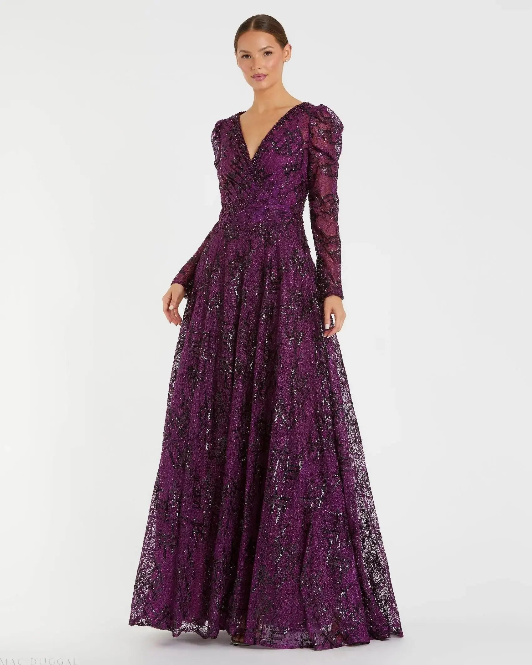 Dark Purple Embellished V Neck Long Sleeve A Line Gown - Mac Duggal