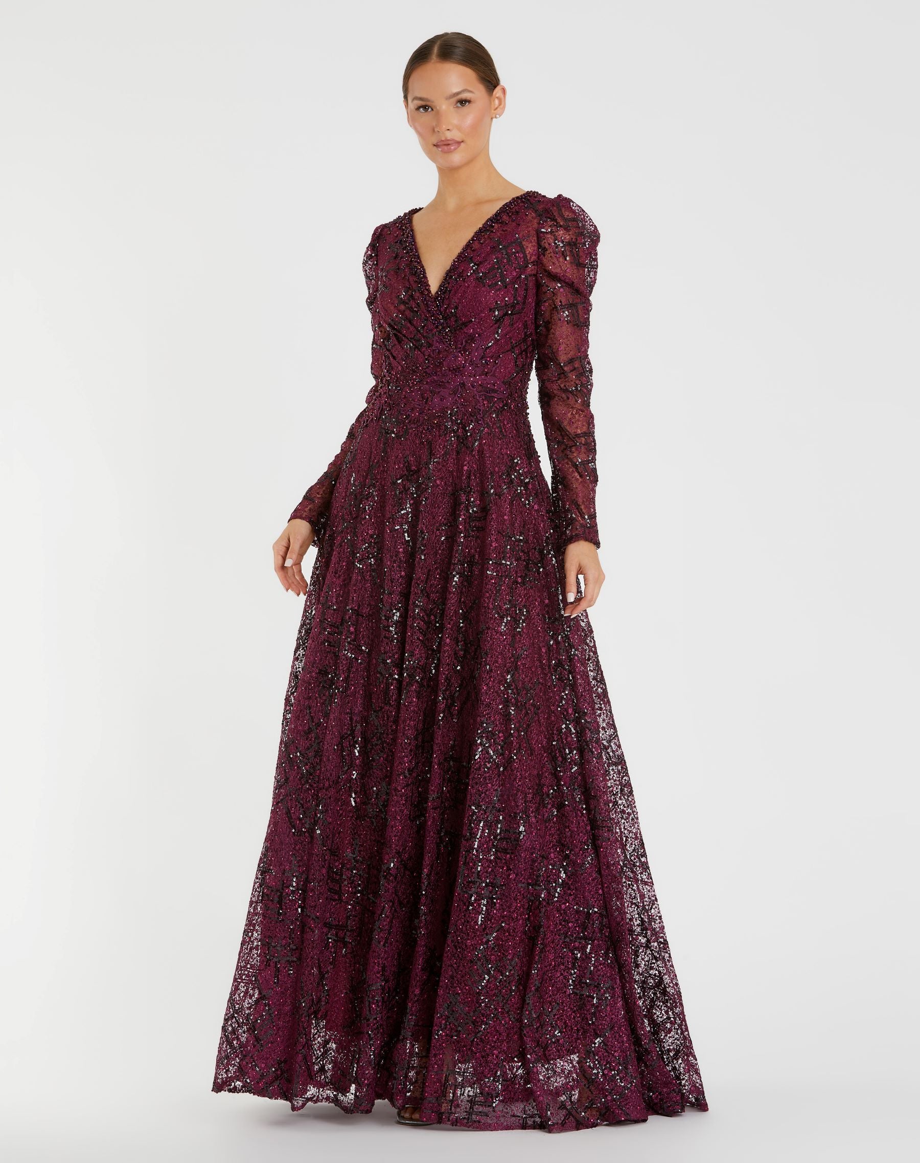 Embellished V Neck Long Sleeve A Line Gown