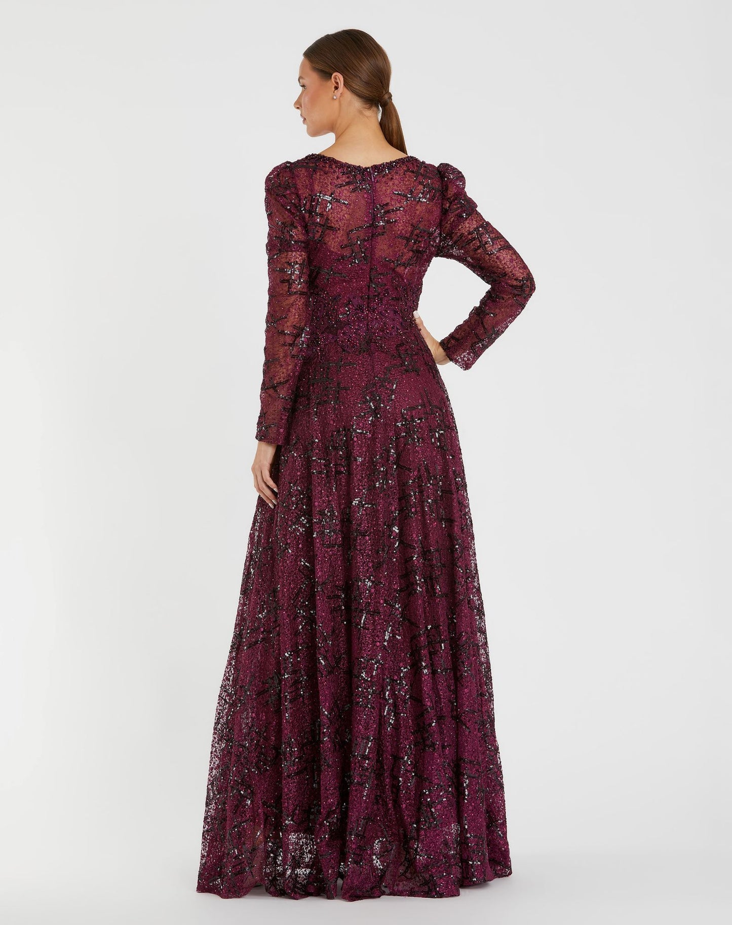 Embellished V Neck Long Sleeve A Line Gown