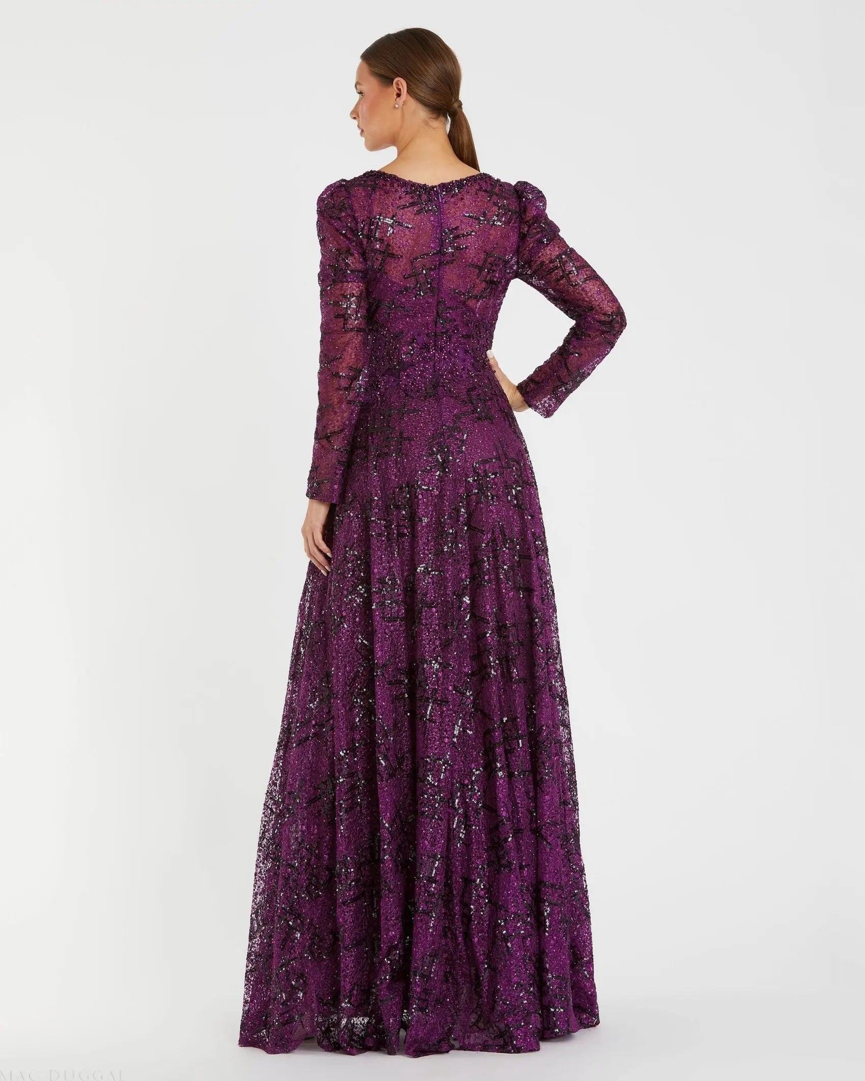 Dark Purple Embellished V Neck Long Sleeve A Line Gown - Mac Duggal