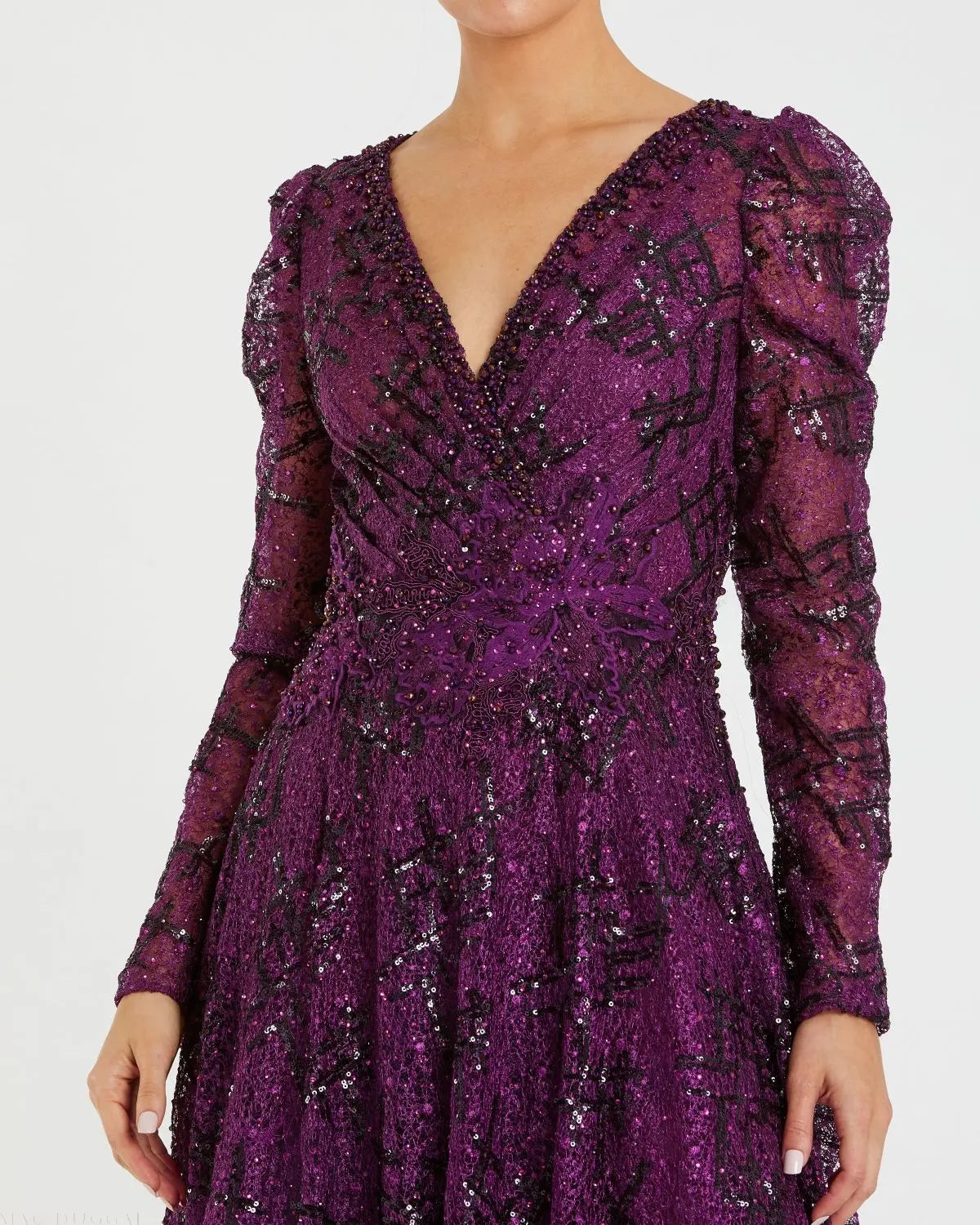 Dark Purple Embellished V Neck Long Sleeve A Line Gown - Mac Duggal