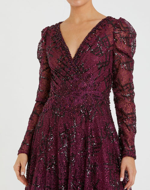 Embellished V Neck Long Sleeve A Line Gown