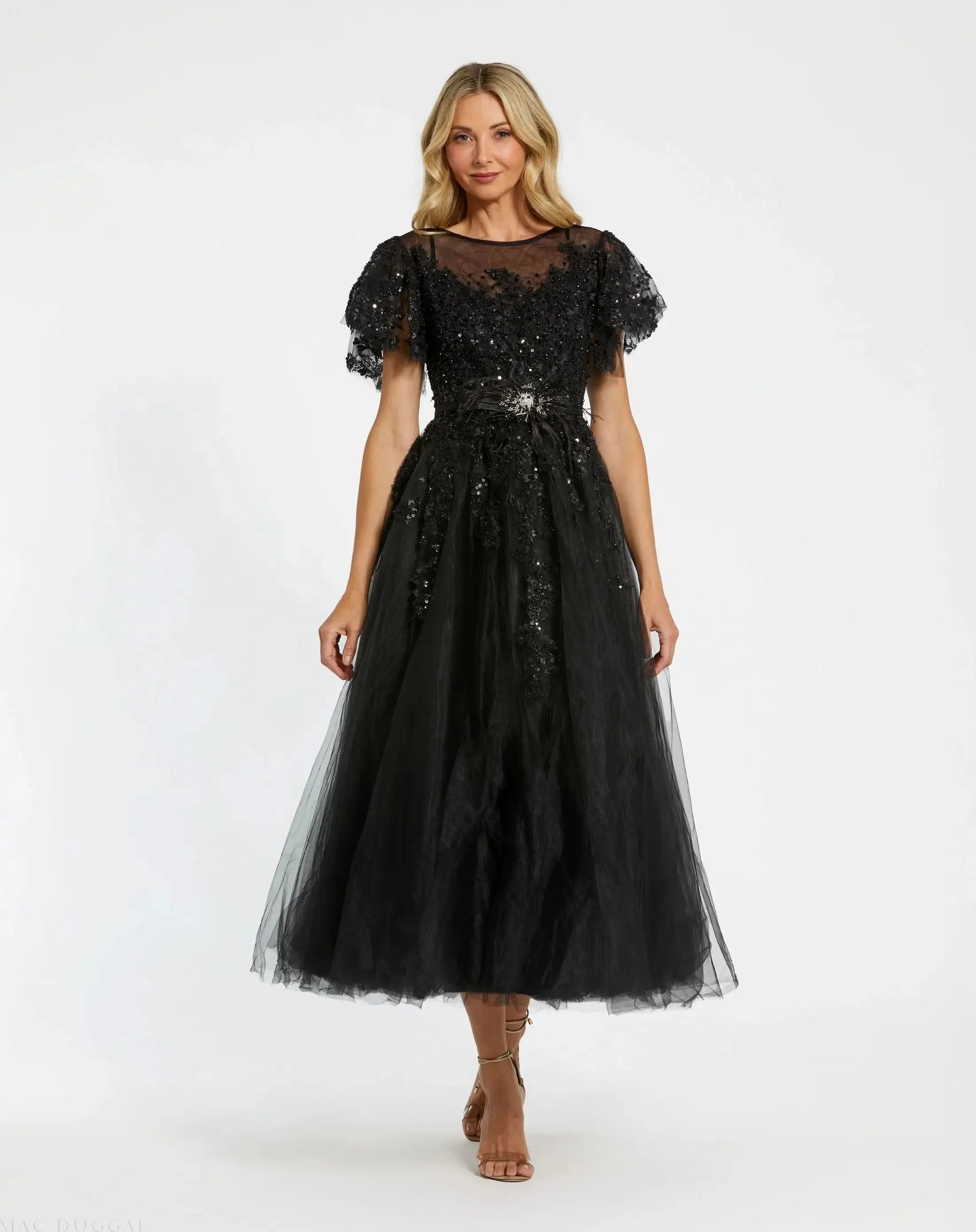 Black Embellished Flutter Sleeve Bow Waist A Line Dress - Mac Duggal