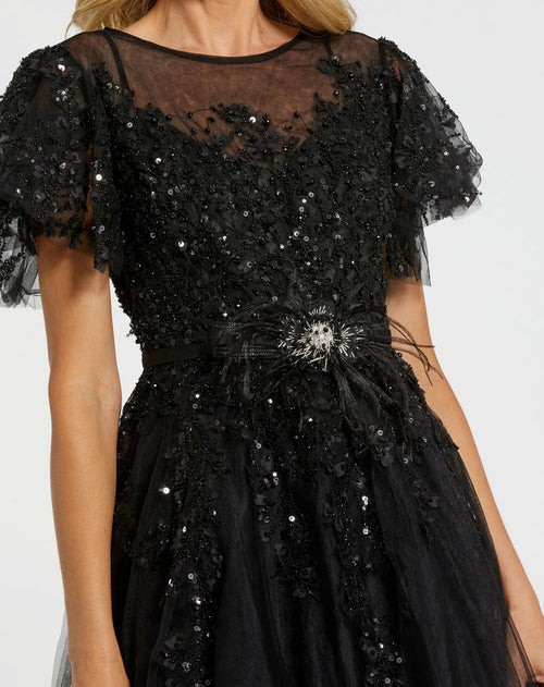 Embellished Flutter Sleeve Bow Waist A Line Dress