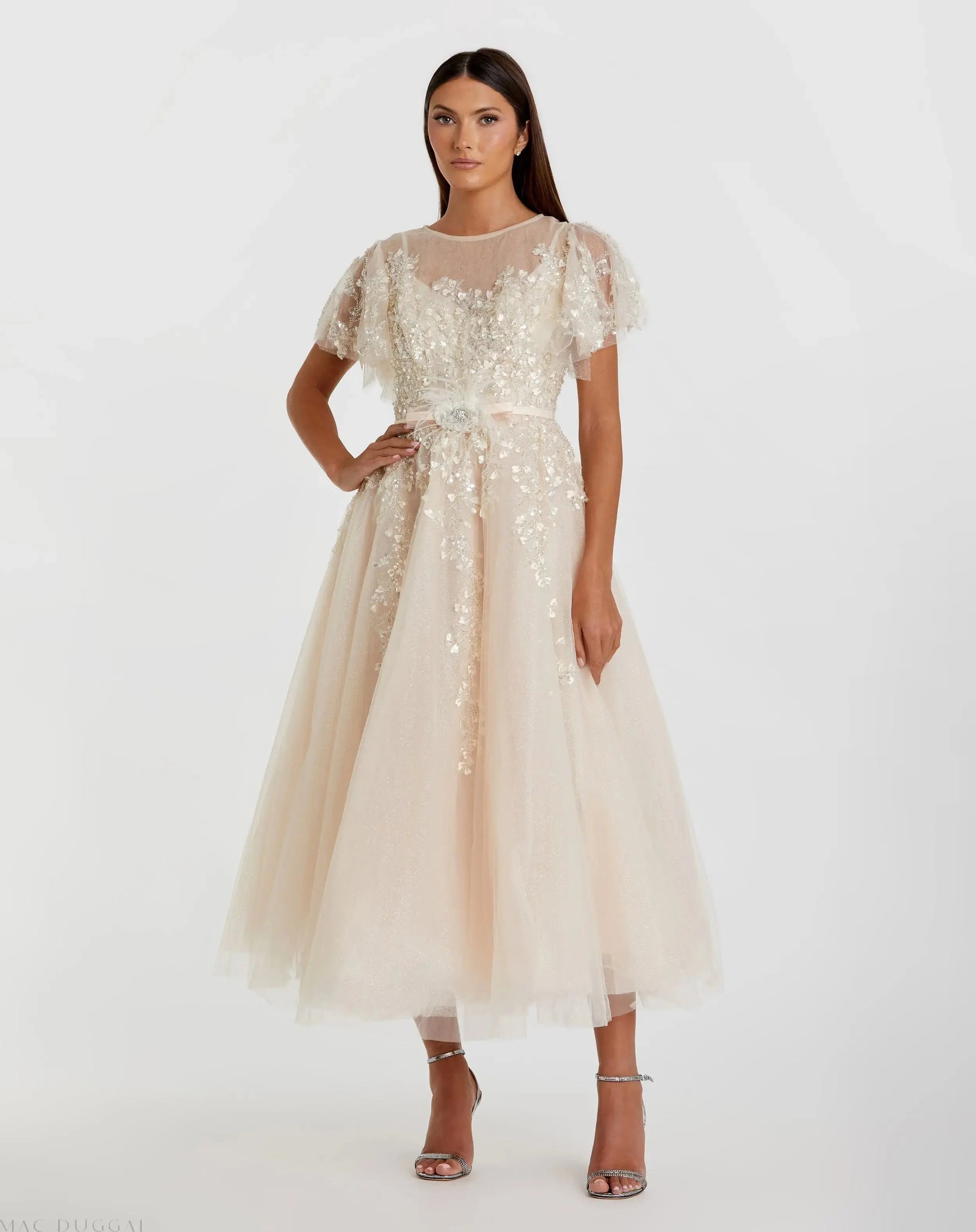 Embellished Flutter Sleeve Bow Waist A Line Dress - Mac Duggal Embellished Flutter Sleeve Bow Waist A Line Dress - Mac Duggal