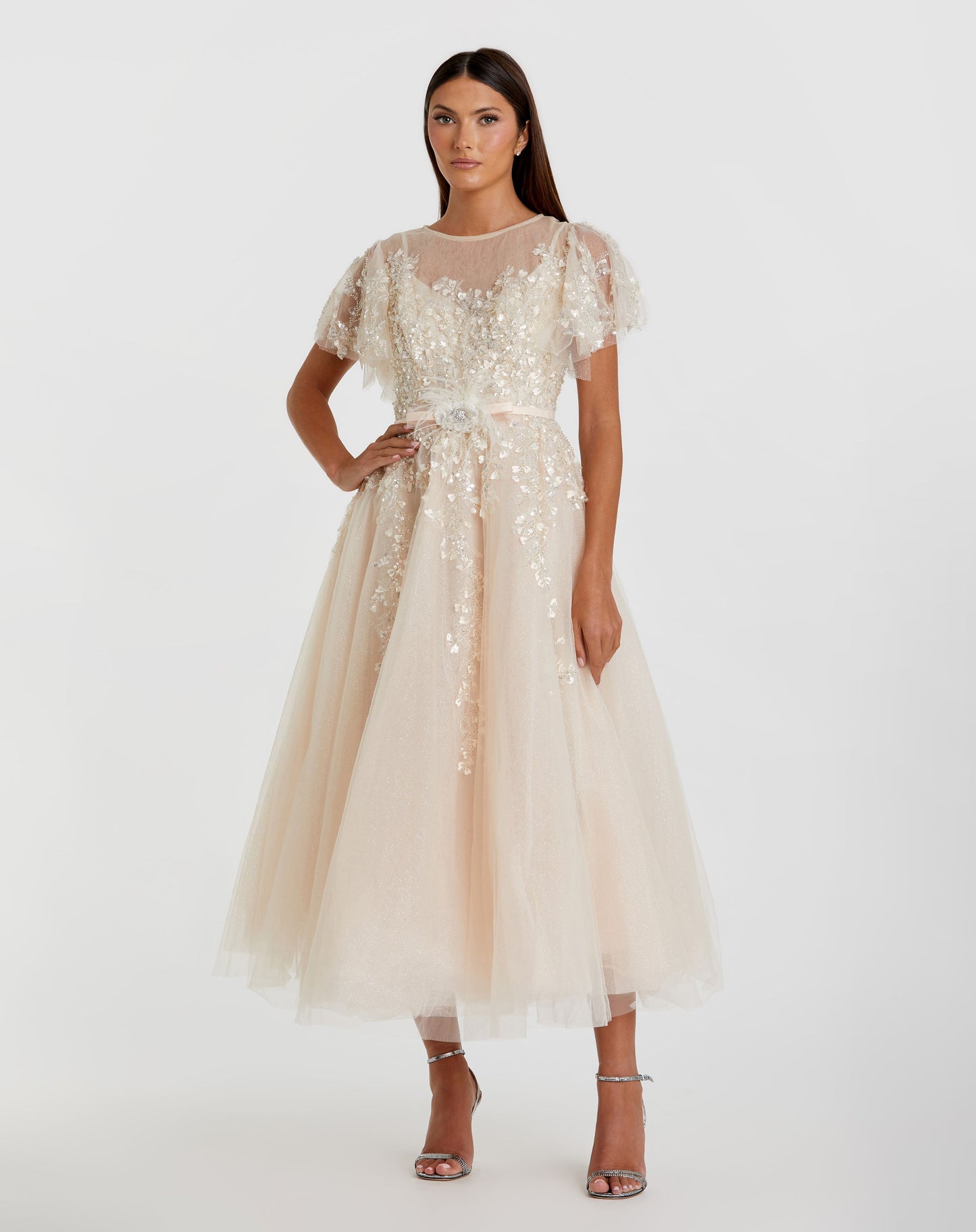 Embellished Flutter Sleeve Bow Waist A Line Dress