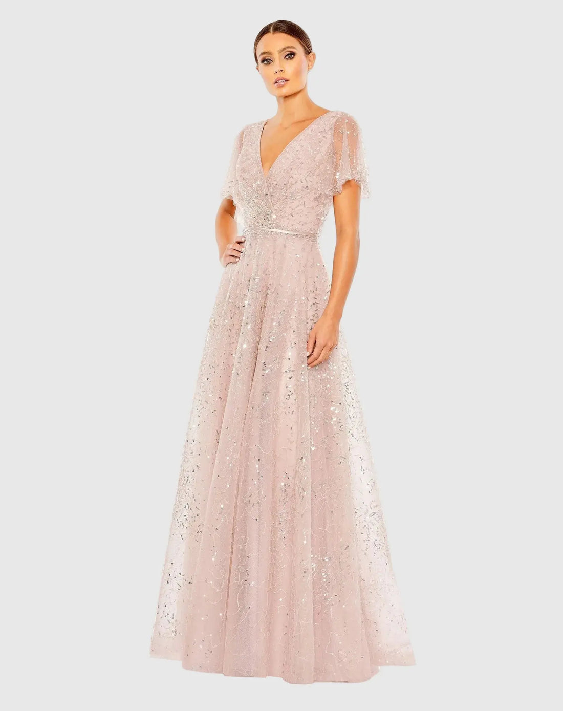 Pink Embellished Butterfly Sleeve Wrap Over Gown | Mac Duggal Pink Embellished Butterfly Sleeve Wrap Over Gown | Mac Duggal