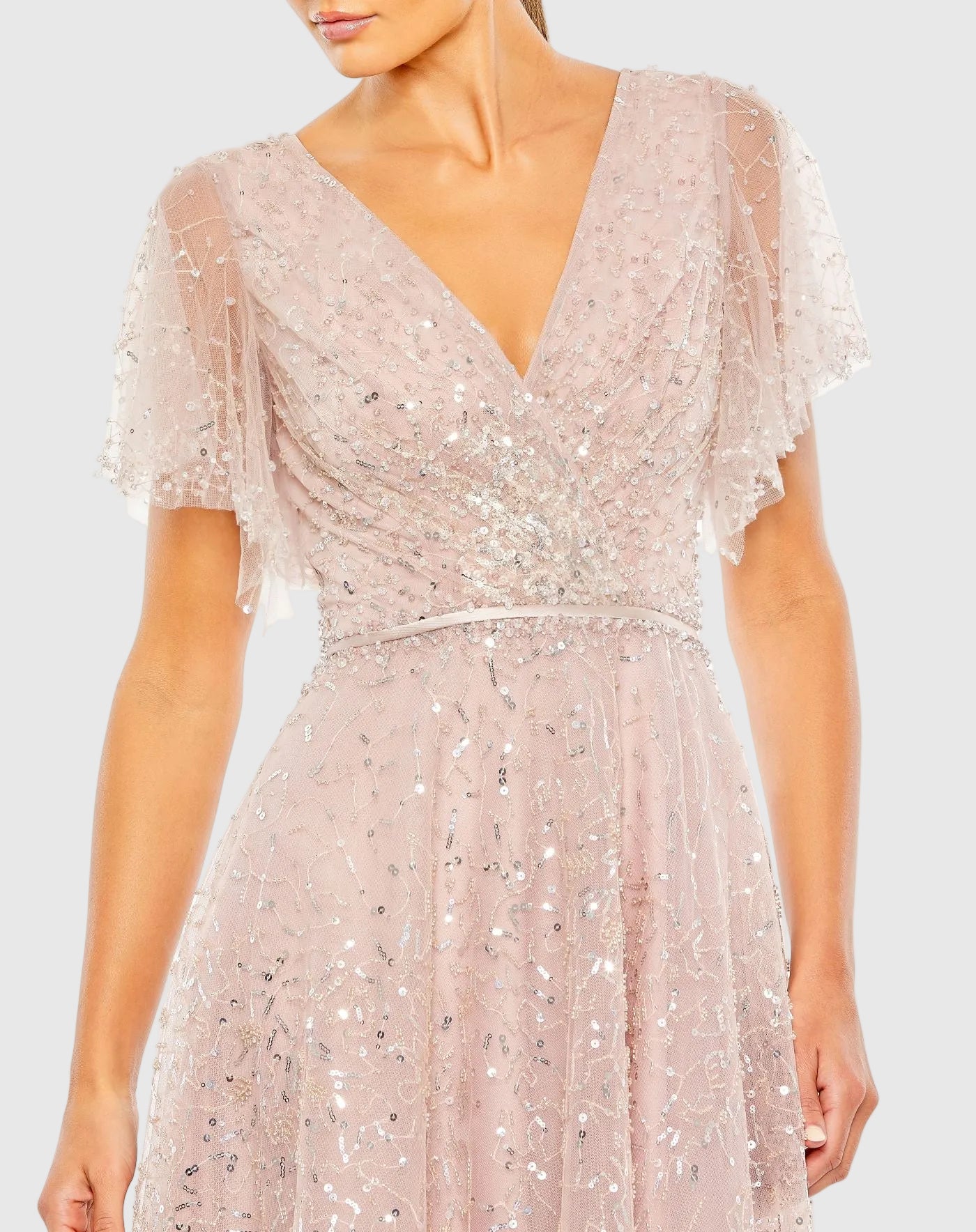 Pink Embellished Butterfly Sleeve Wrap Over Gown - Mac Duggal