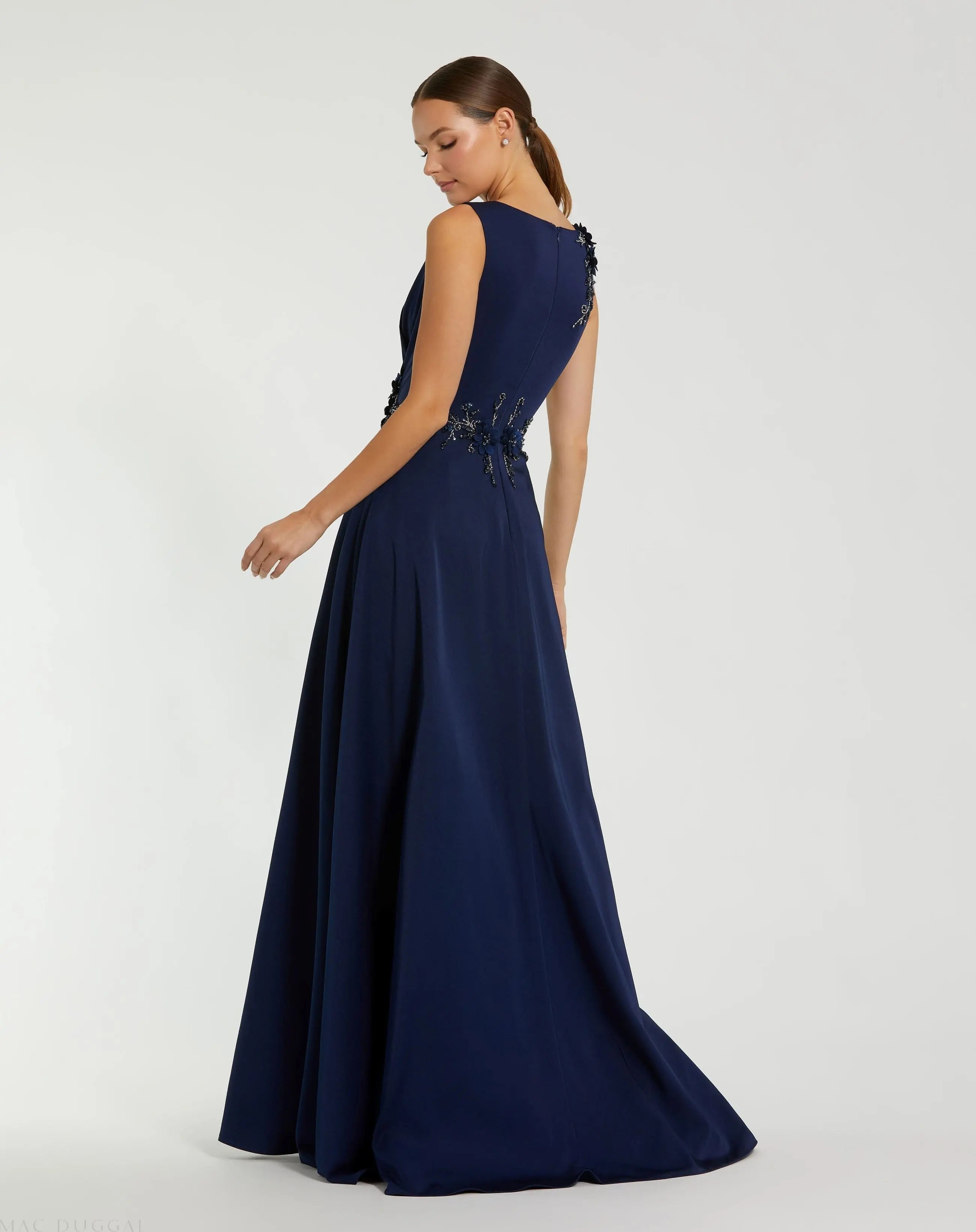 Navy Floral Applique Sleeveless A Line Gown - Mac Duggal