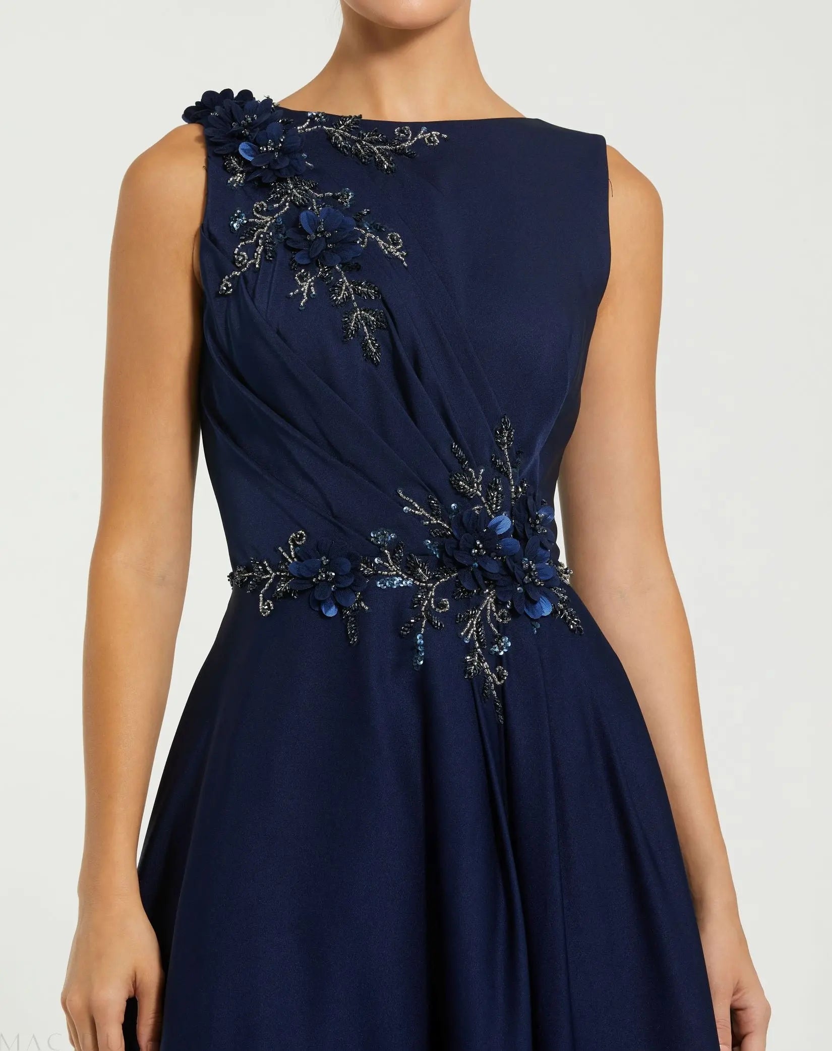 Navy Floral Applique Sleeveless A Line Gown - Mac Duggal Navy Floral Applique Sleeveless A Line Gown - Mac Duggal