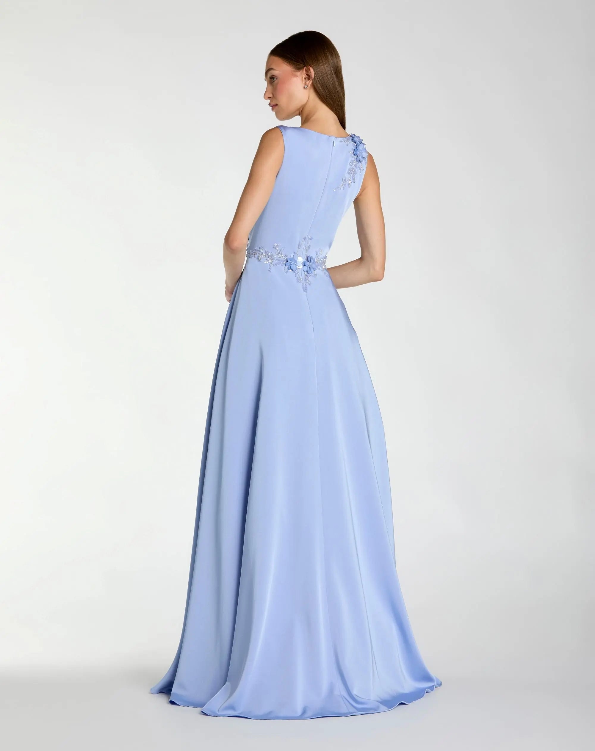 Blue Floral Applique Sleeveless A Line Gown | Mac Duggal