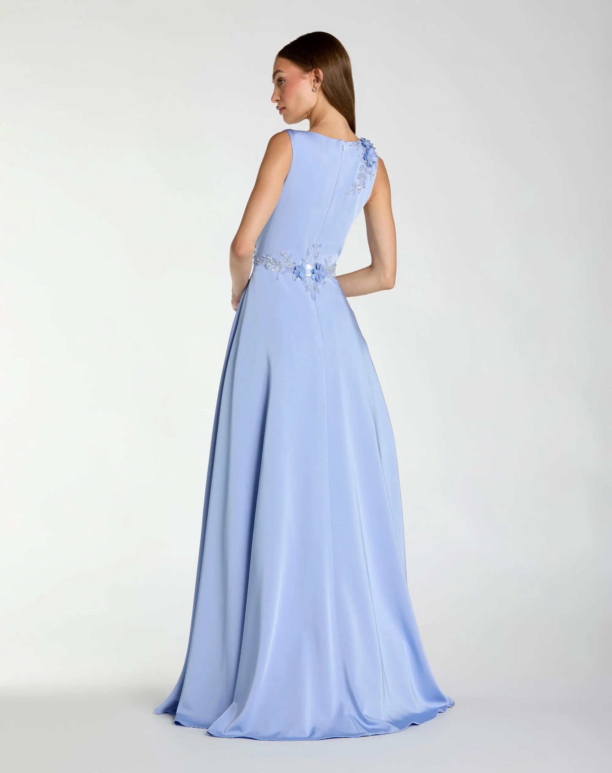 Blue Floral Applique Sleeveless A Line Gown | Mac Duggal Blue Floral Applique Sleeveless A Line Gown | Mac Duggal