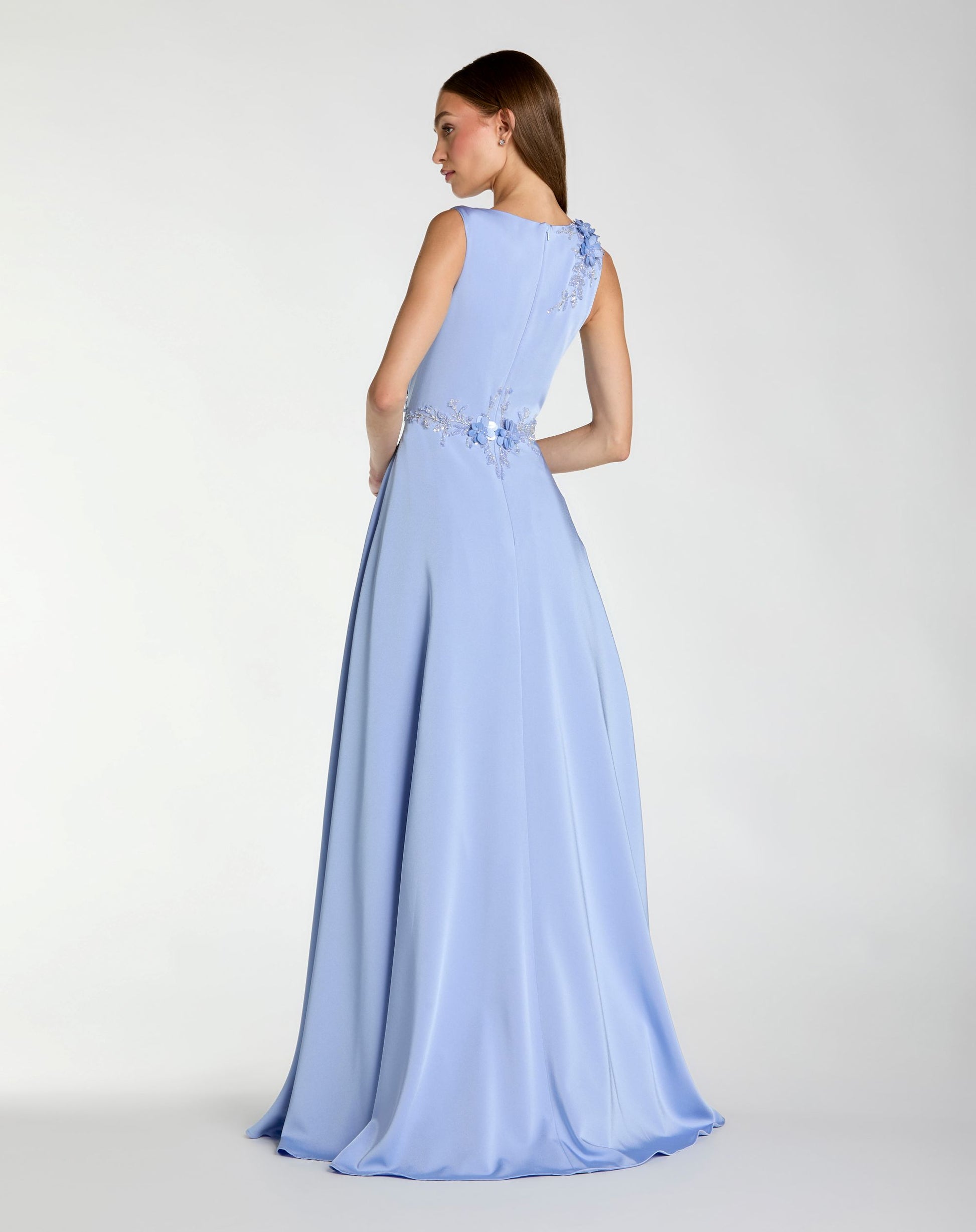 Blue Floral Applique Sleeveless A Line Gown - Mac Duggal