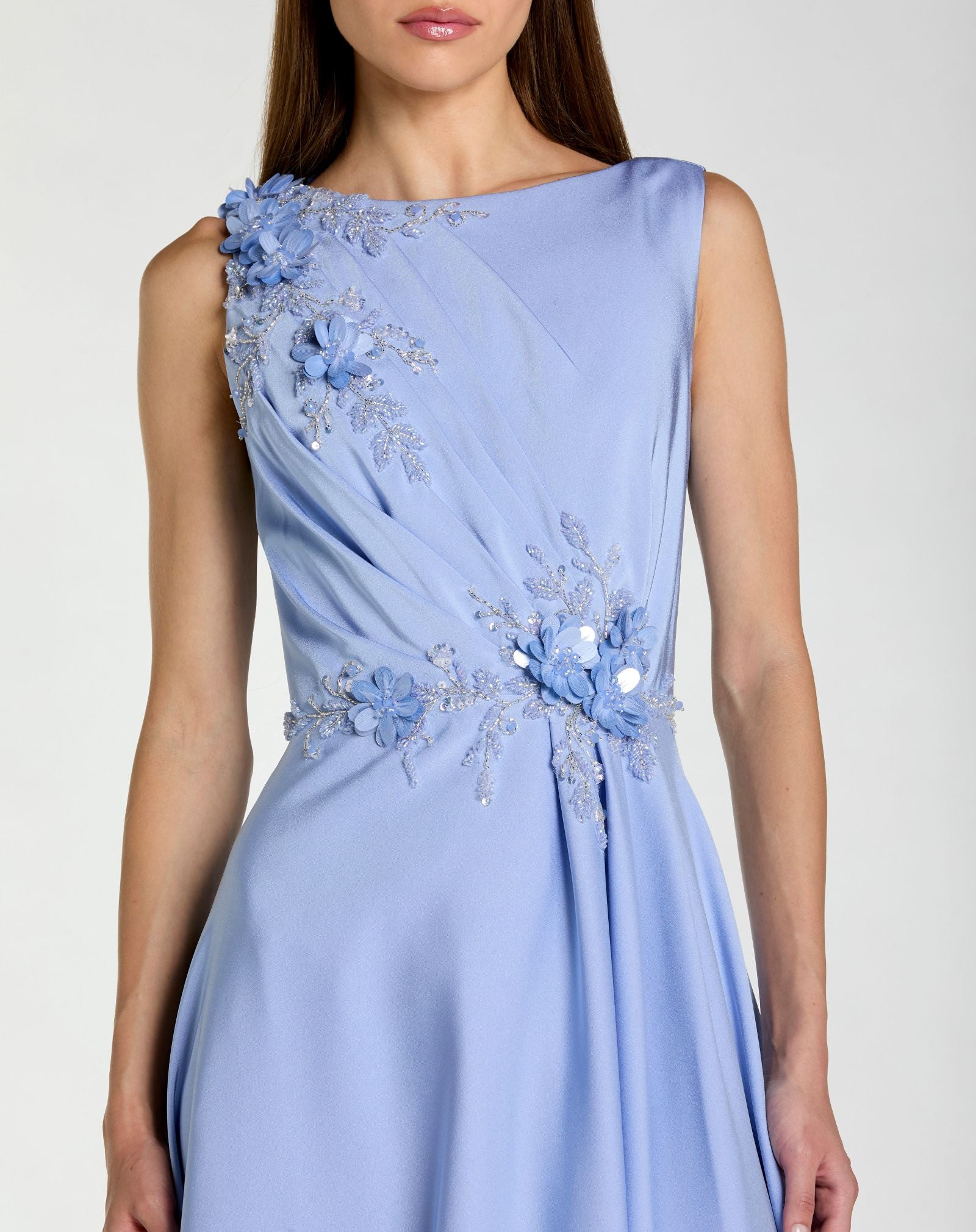 Blue Floral Applique Sleeveless A Line Gown - Mac Duggal