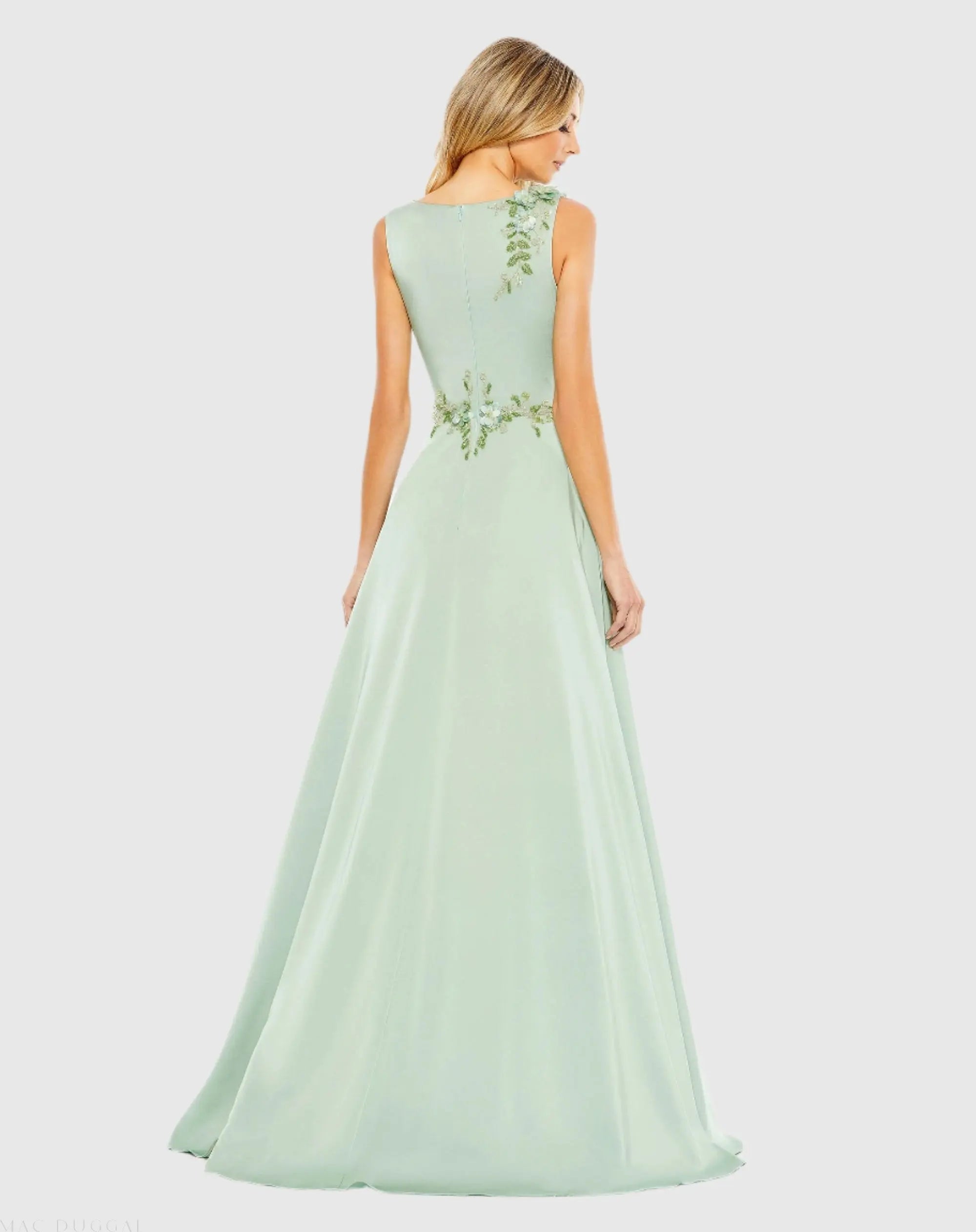 Mac Duggal - Green Floral Applique Sleeveless A Line Gown - US 12 Mac Duggal - Green Floral Applique Sleeveless A Line Gown - US 12