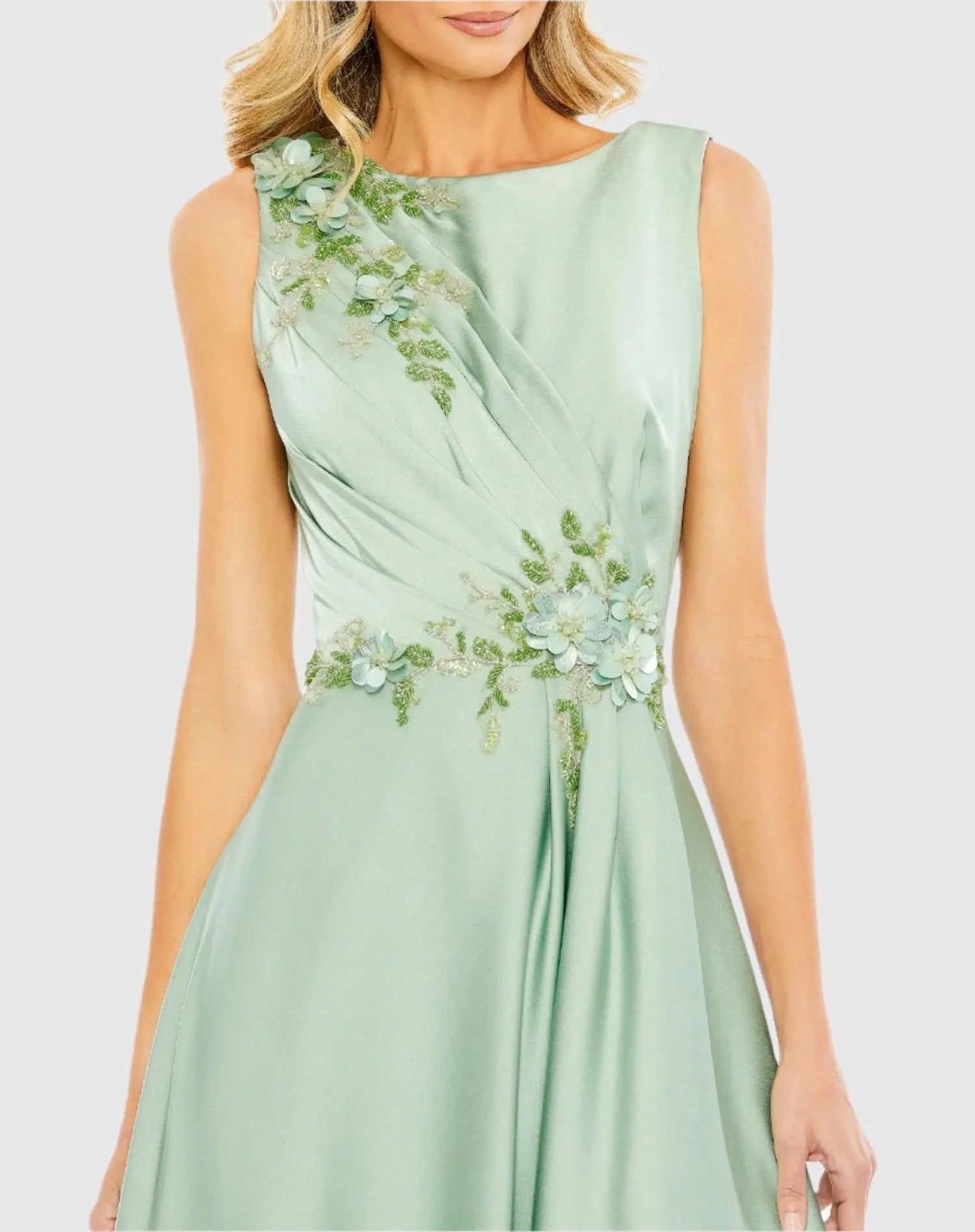 Green Floral Applique Sleeveless A Line Gown | Mac Duggal Green Floral Applique Sleeveless A Line Gown | Mac Duggal