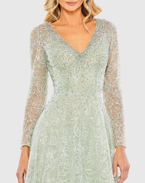 Crystal Embellished Long Sleeve V Neck Gown