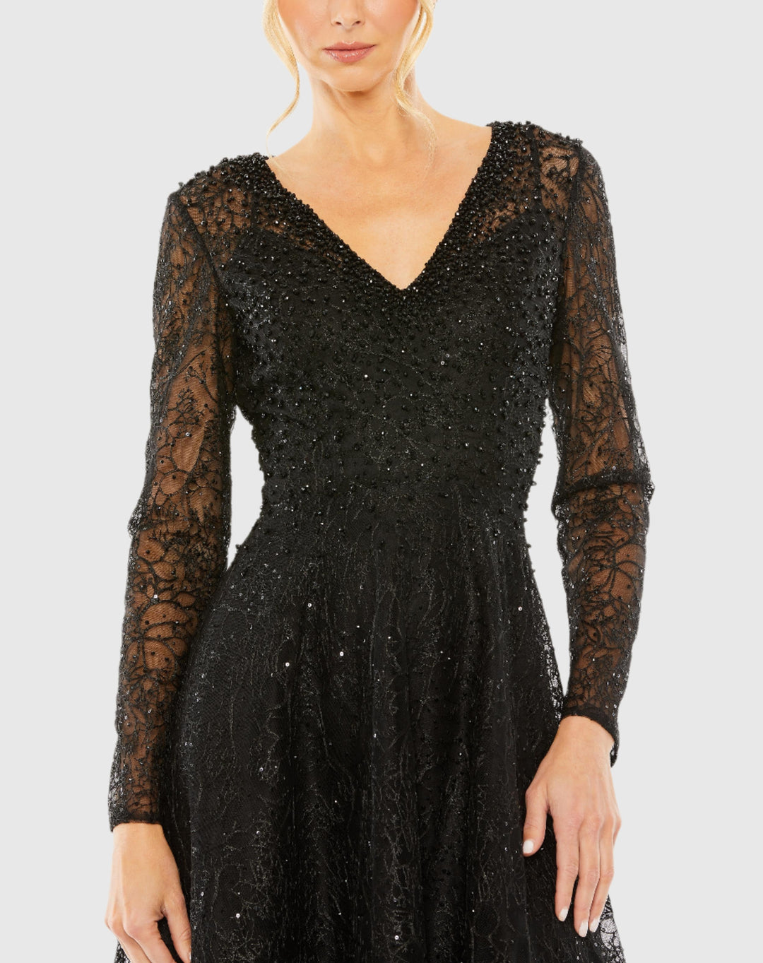 Crystal Embellished Long Sleeve V Neck Dress – Mac Duggal