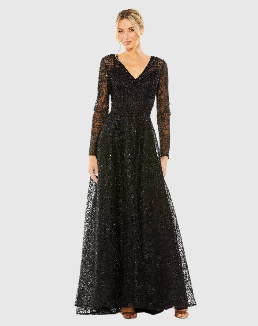 Crystal Embellished Long Sleeve V Neck Gown