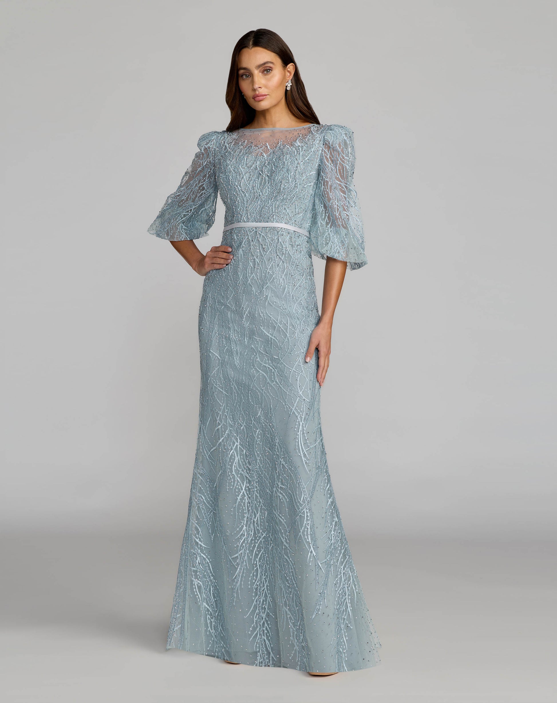 Blue Embroidered Boat Neck Puff Sleeve Gown - Mac Duggal