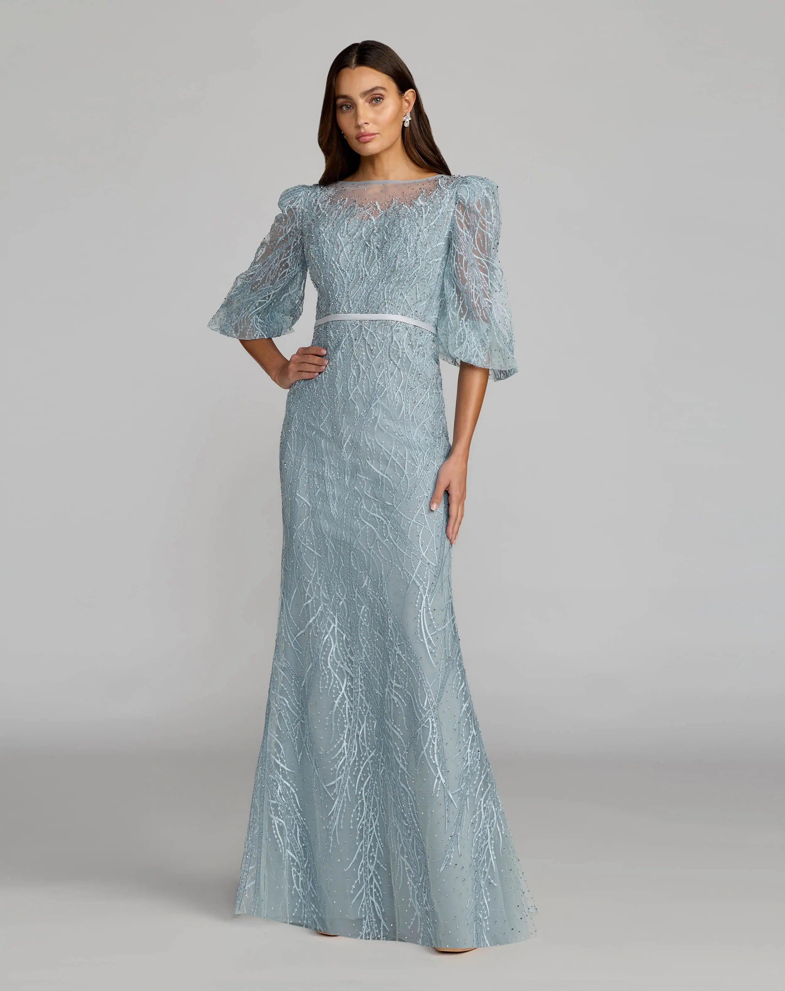 Blue Embroidered Boat Neck Puff Sleeve Gown - Mac Duggal