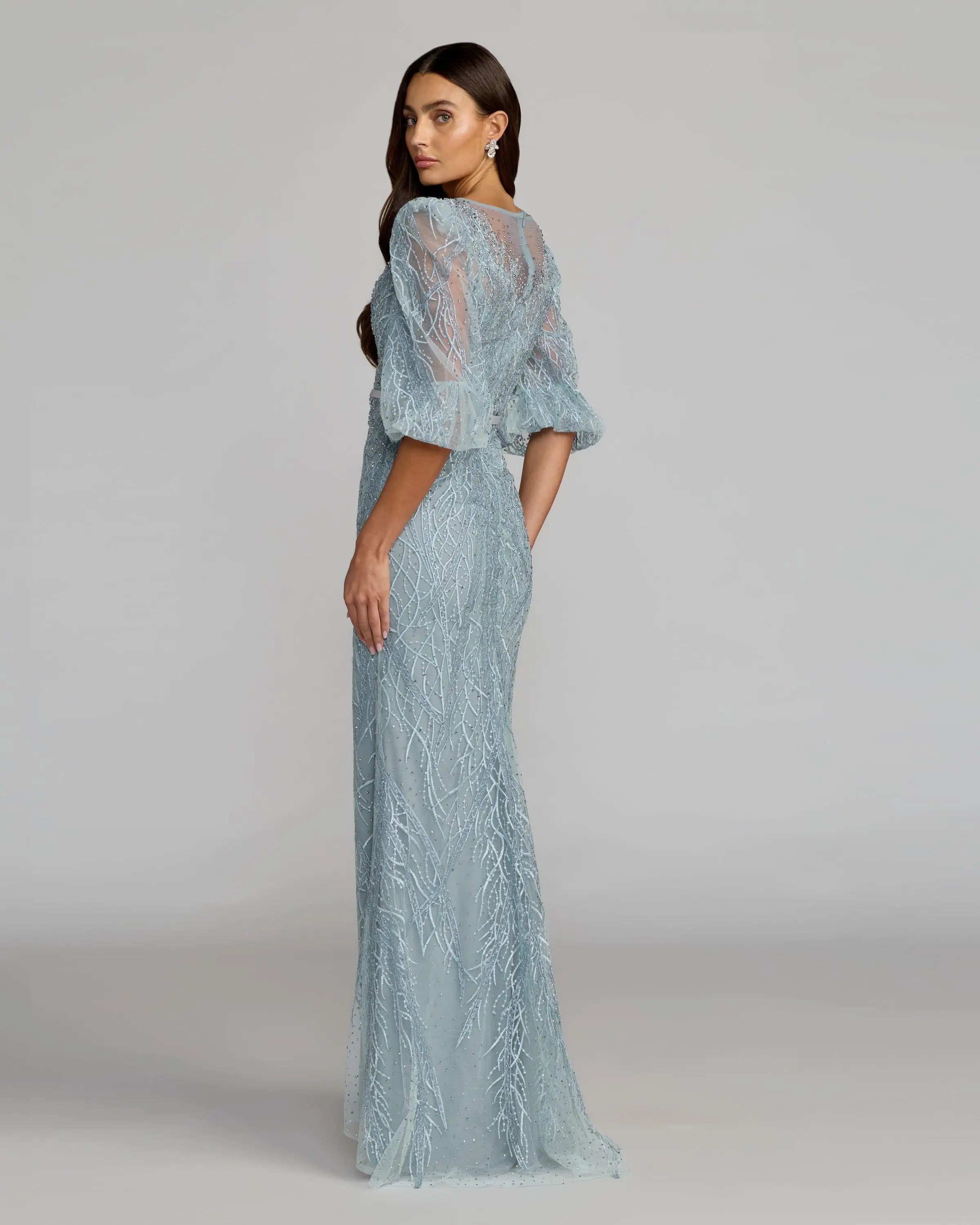 Mac Duggal Women's Embroidered Beaded Boat Neck Gown with Illusion Puff Sleeves - Blue - Size 4