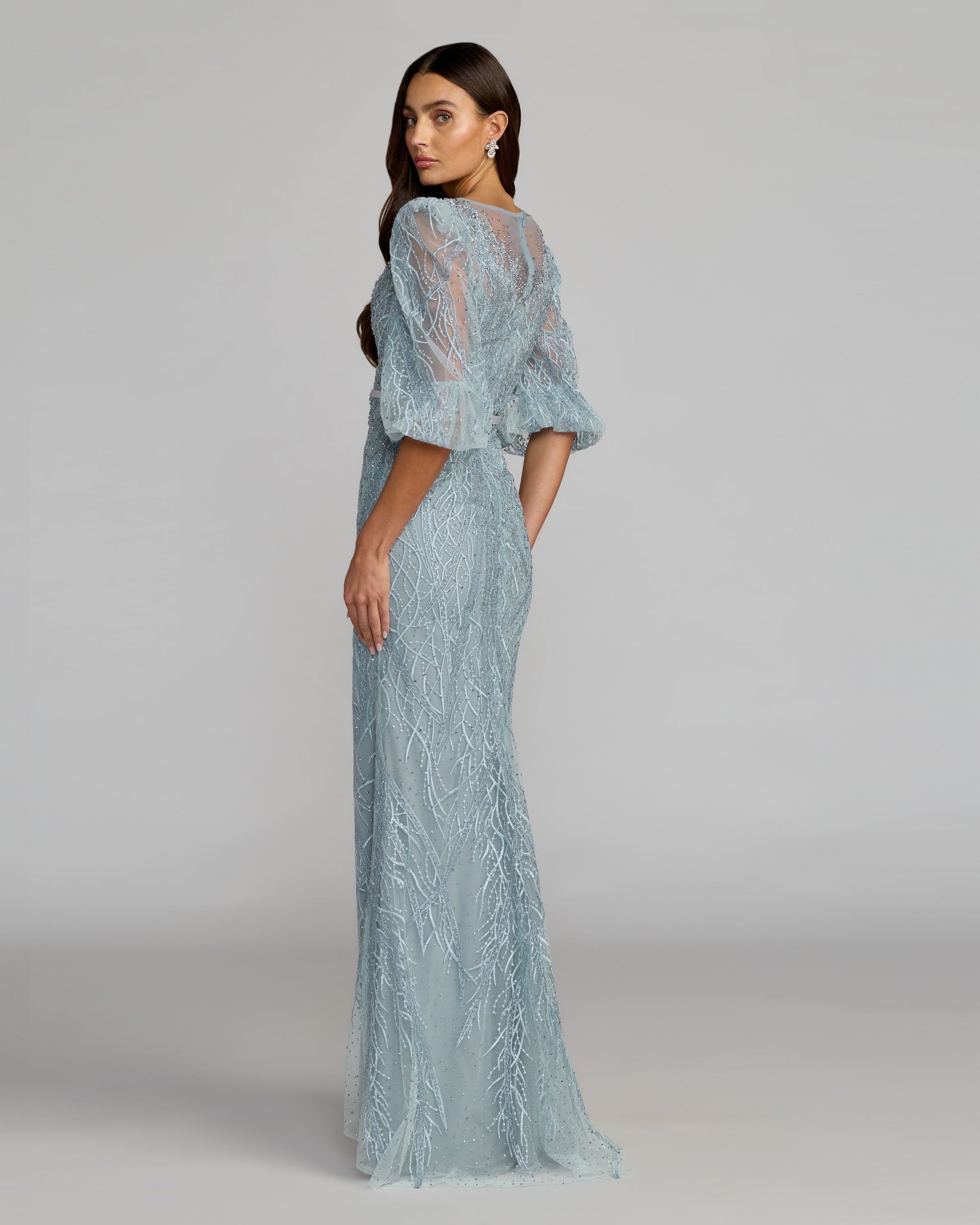 Blue Embroidered Boat Neck Puff Sleeve Gown - Mac Duggal