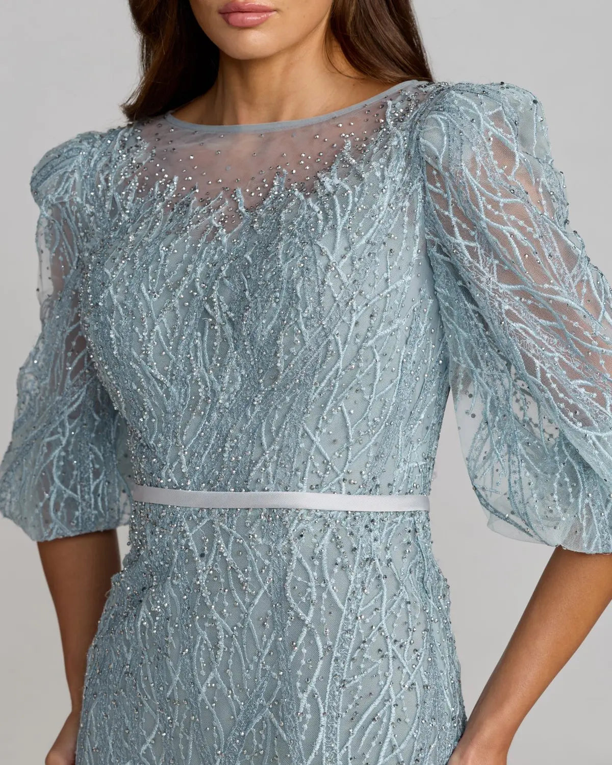 Blue Embroidered Boat Neck Puff Sleeve Gown | Mac Duggal
