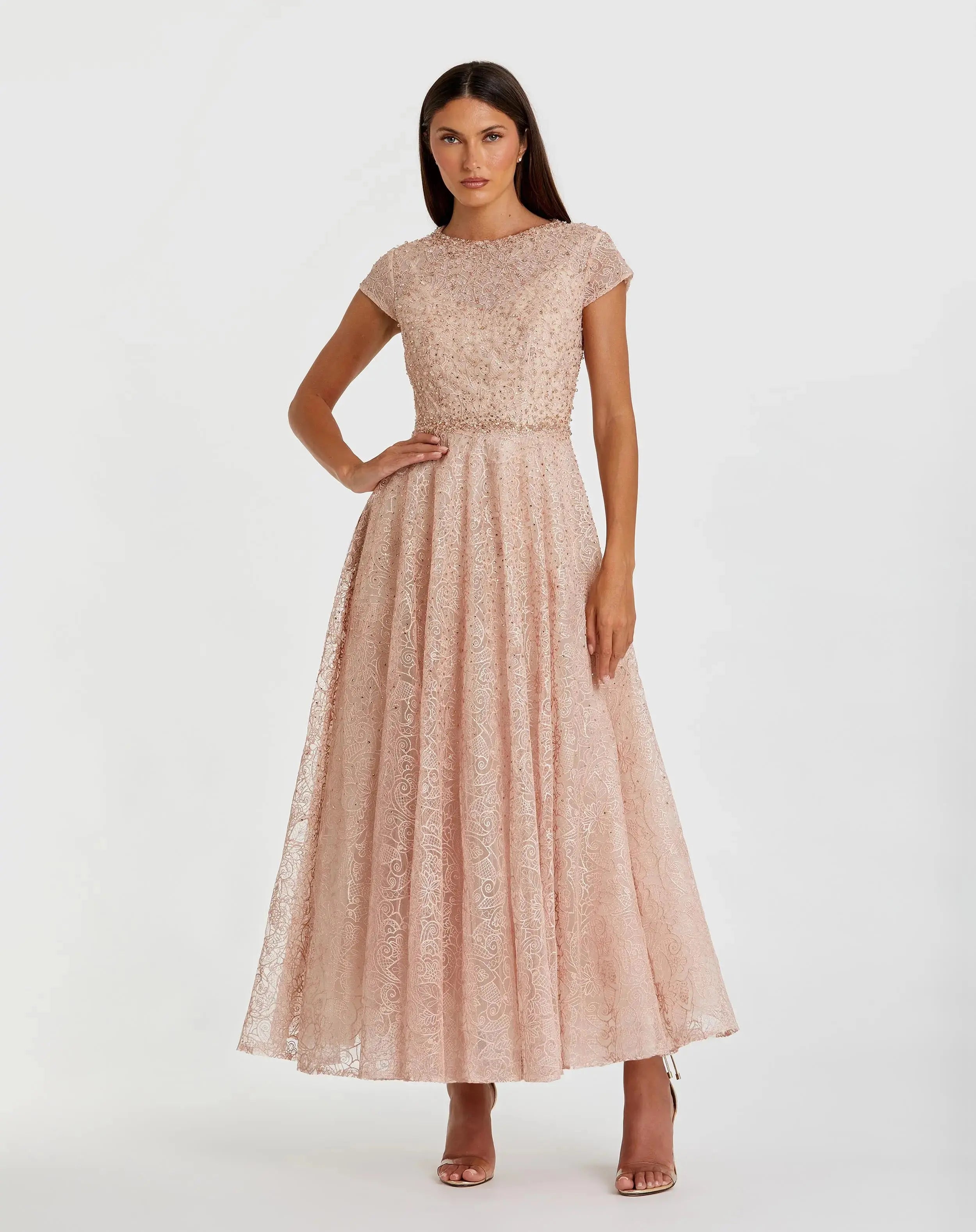 Pink Embellished Cap Sleeve A Line Dress - Mac Duggal