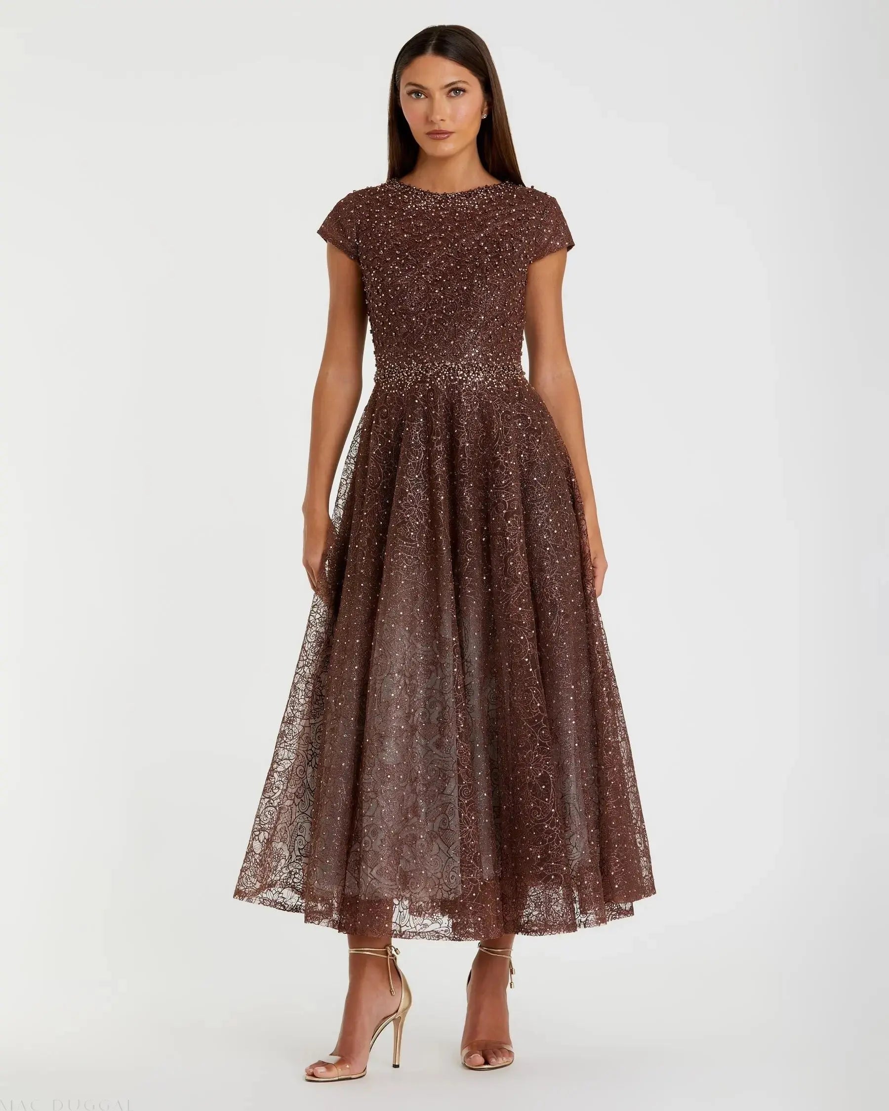 Brown Embellished Cap Sleeve A Line Dress - Mac Duggal