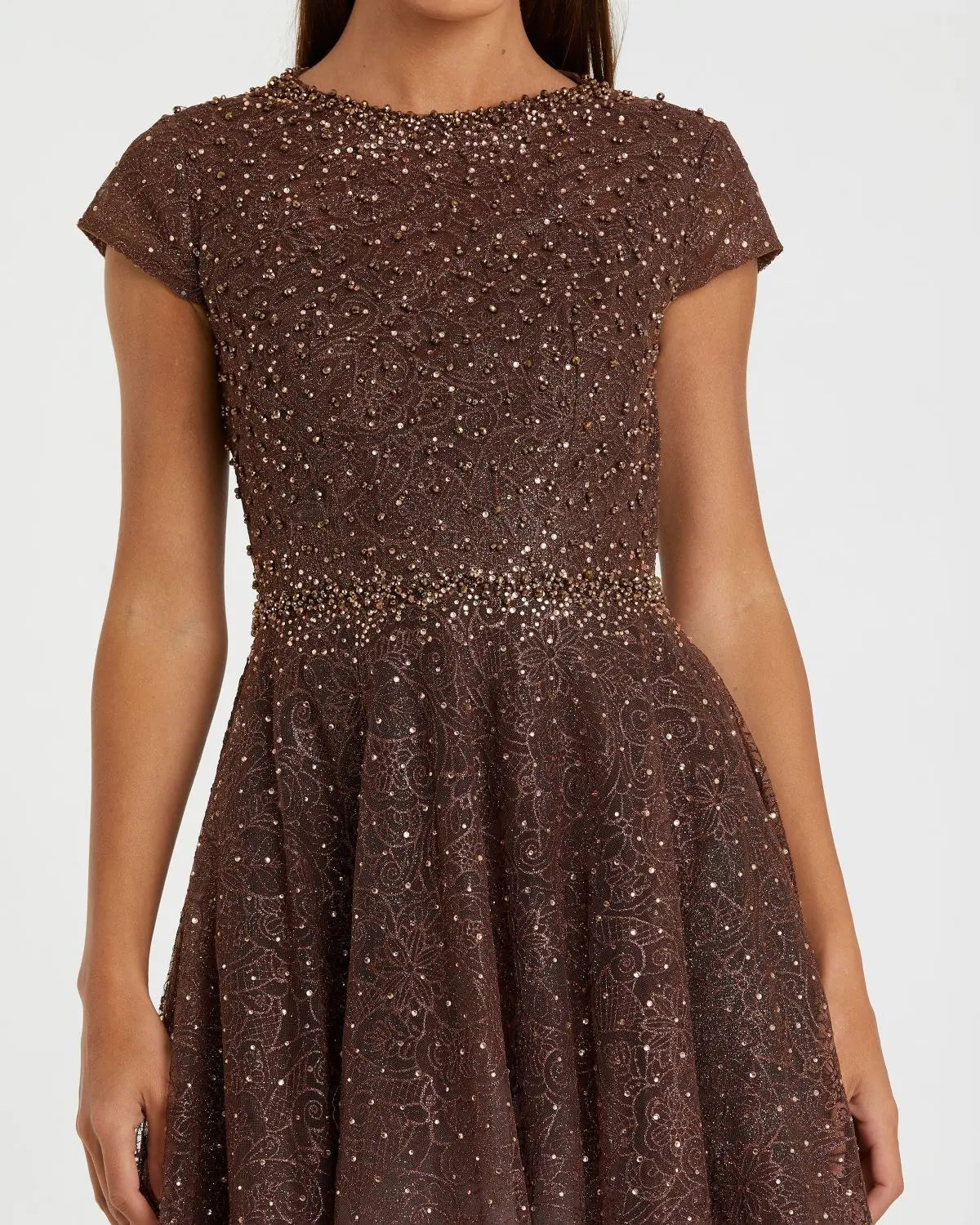Brown Embellished Cap Sleeve A Line Dress - Mac Duggal