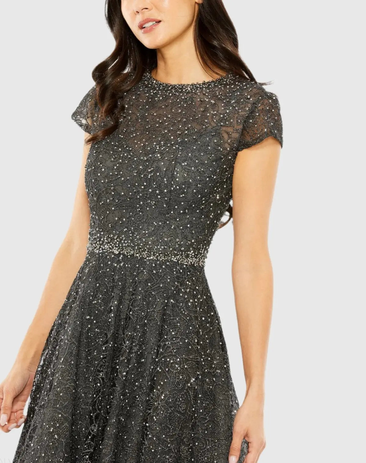 Gray Embellished Cap Sleeve A Line Dress - Mac Duggal