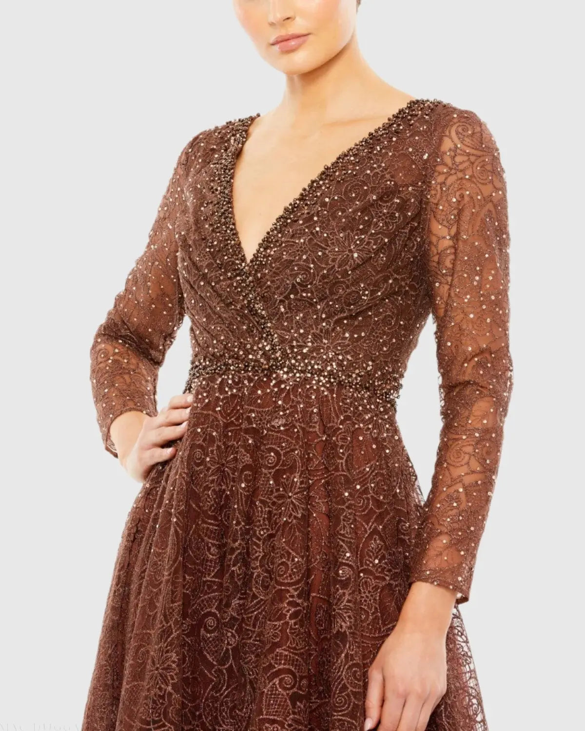 Brown Embellished Illusion Long Sleeve V Neck Gown - Mac Duggal US 22 Brown Embellished Illusion Long Sleeve V Neck Gown - Mac Duggal US 22