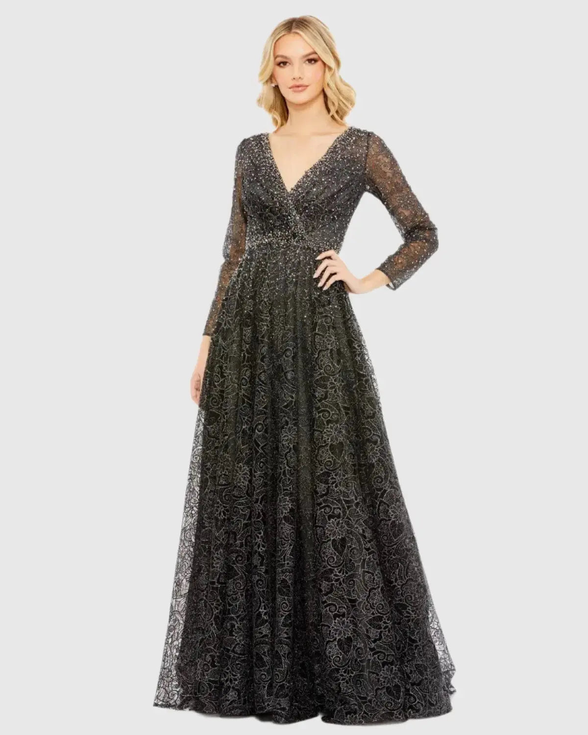 mac duggal black embellished floral long sleeve dress Black Long Sleeve Floral Embellished Gown