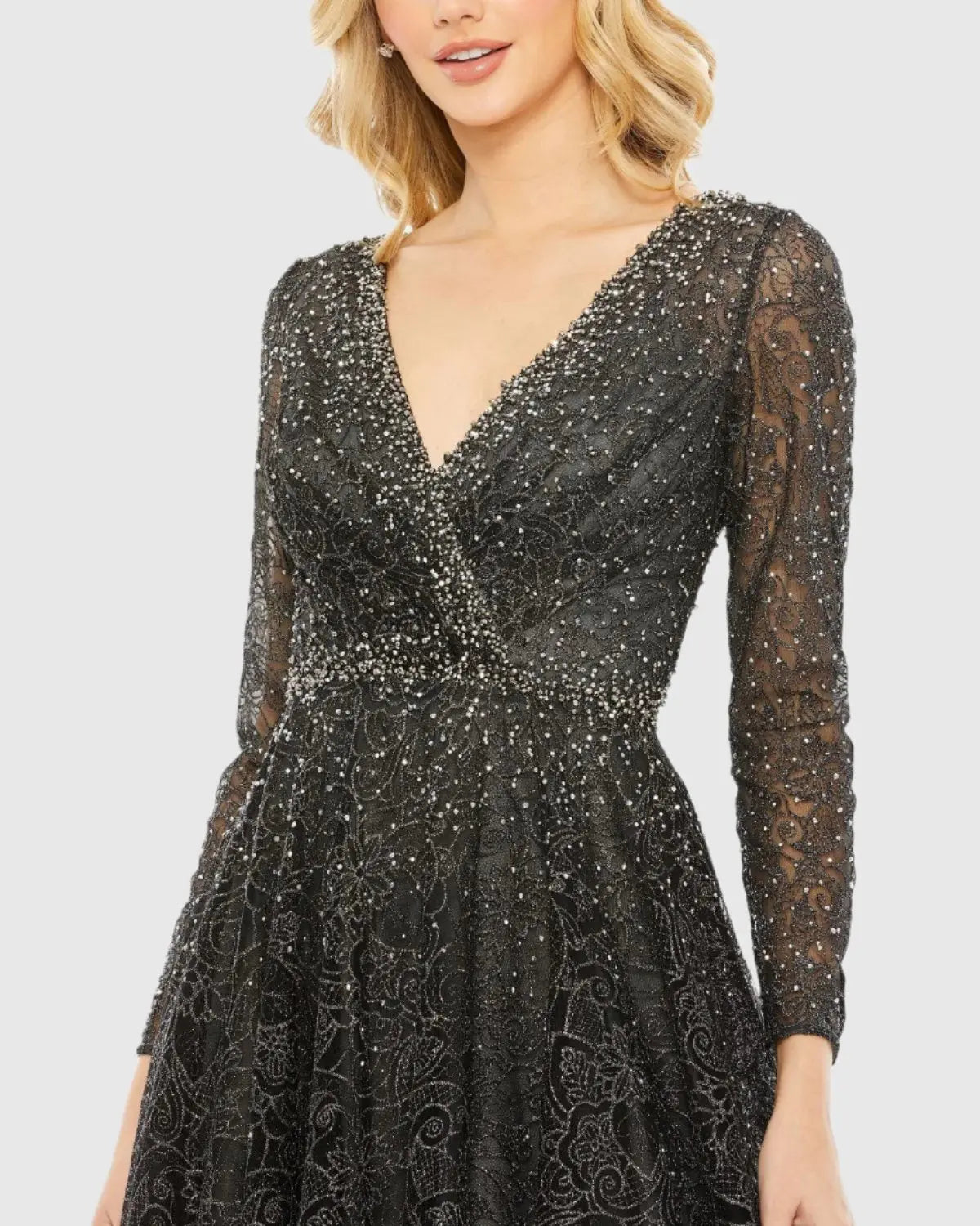 Gray Embellished Illusion Long Sleeve V Neck Gown - Mac Duggal