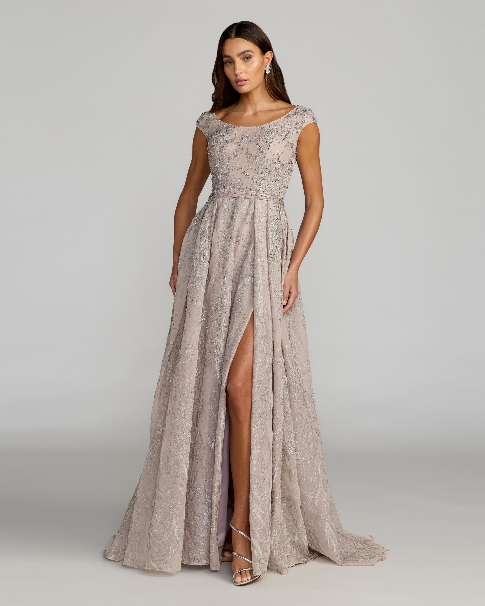 Light Purple Beaded Cap Sleeve A-Line Gown with Slit Mac Duggal