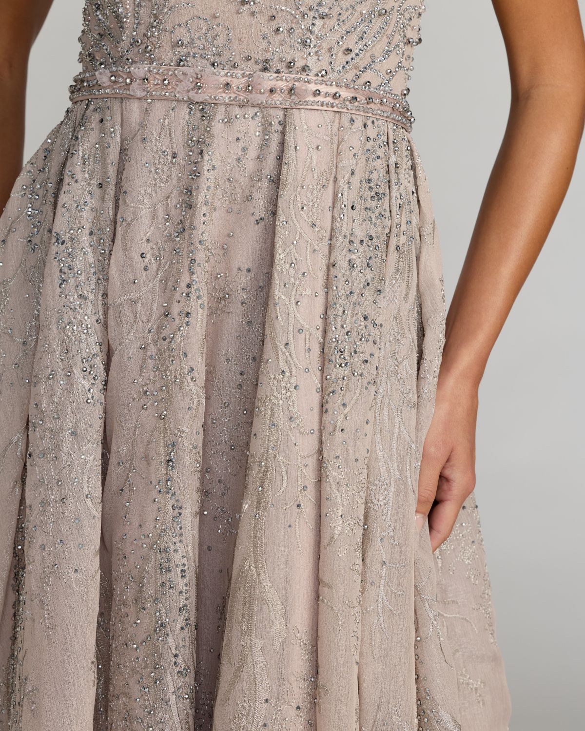 taupe beaded dress Cap Sleeve A-Line Gown With Slit making it an ideal bfsale-test Color:White Multi Style M2585 A-Line Wedding Prom dress