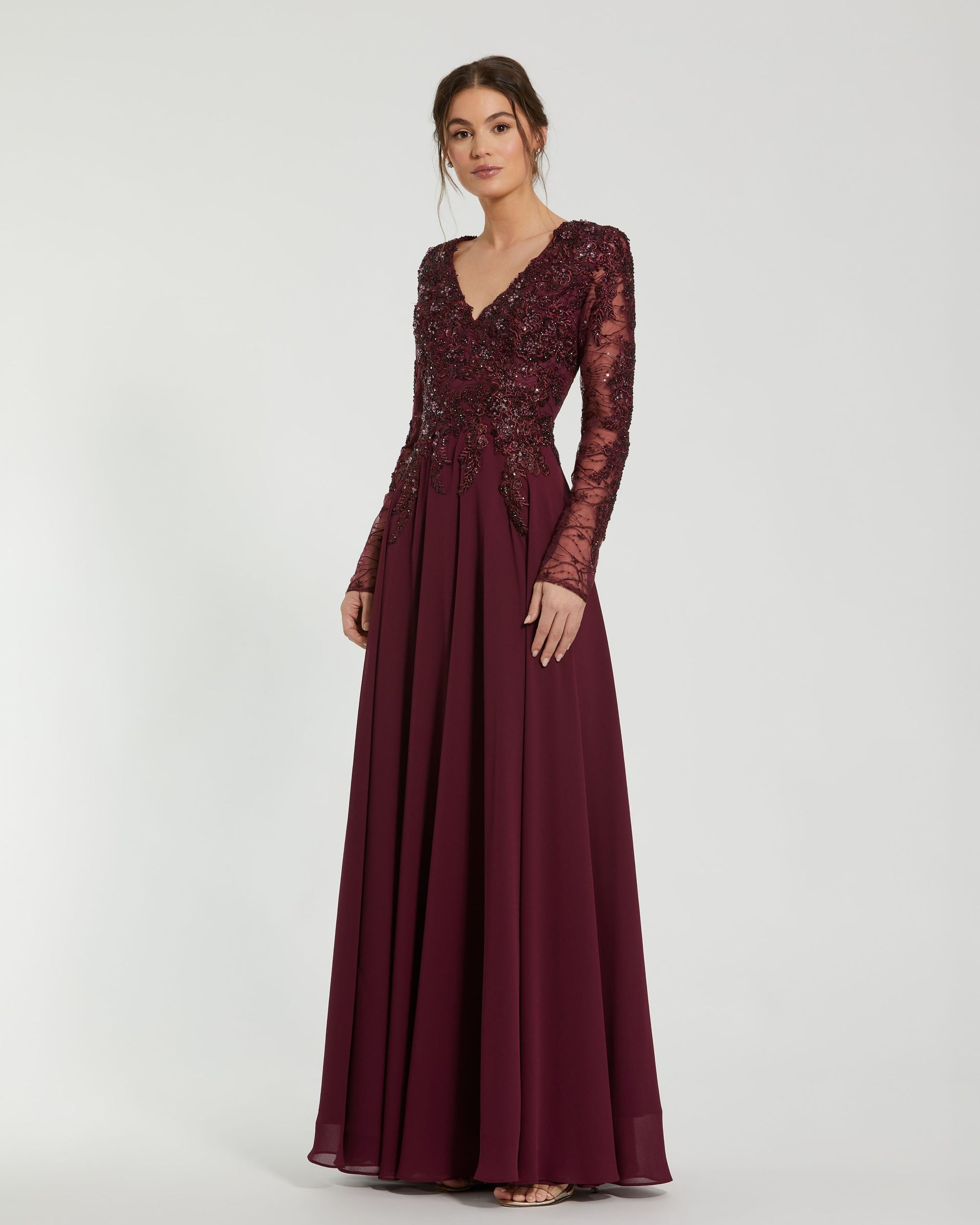 Embellished Illusion V Neck Long Sleeve Gown