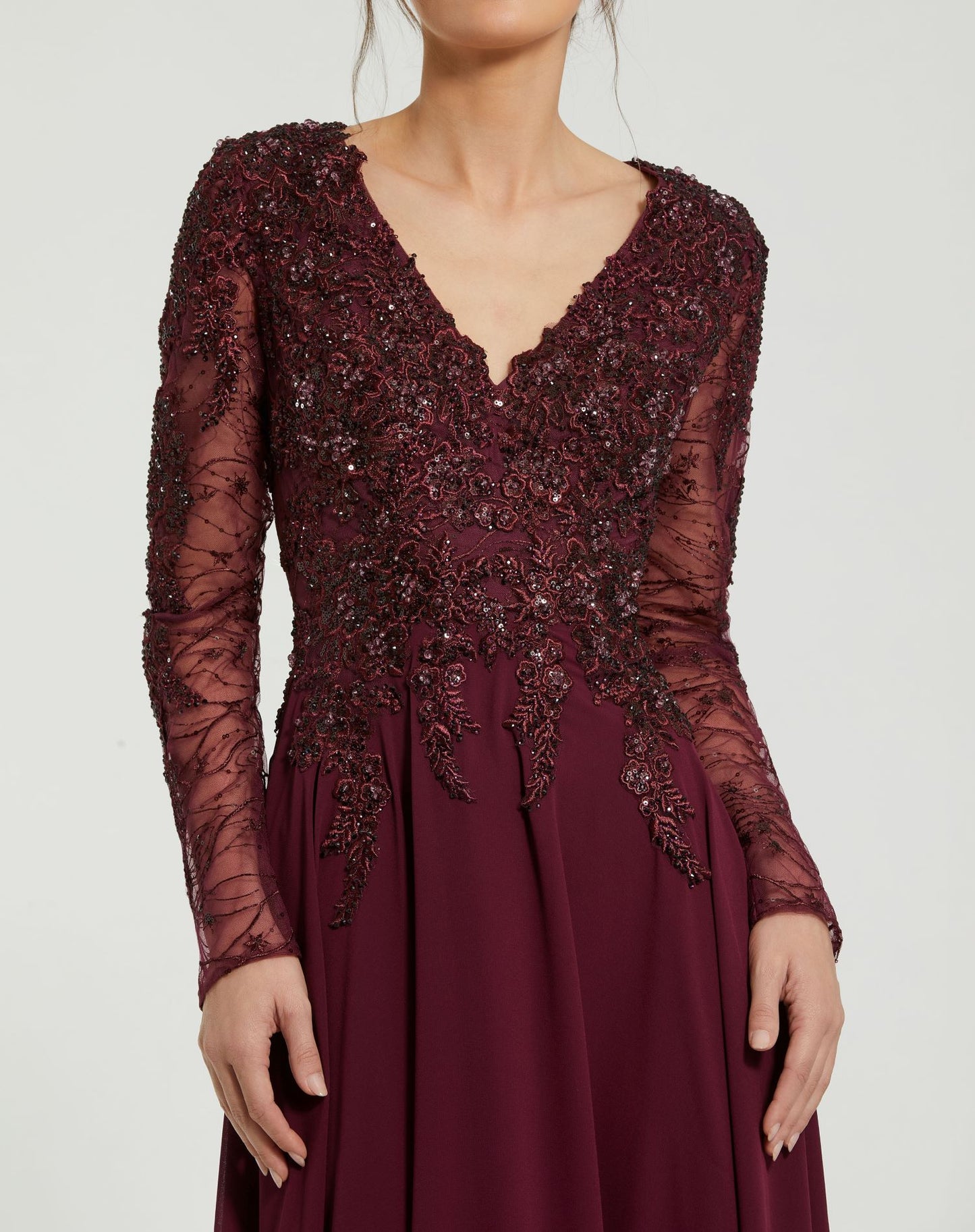 Red Embellished Illusion V Neck Long Sleeve Gown