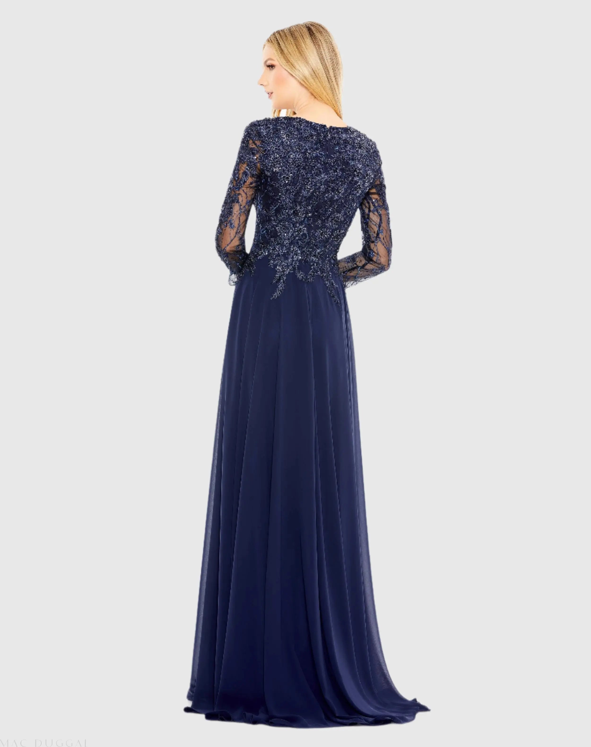 Blue Embellished Illusion V Neck Long Sleeve Gown - Mac Duggal