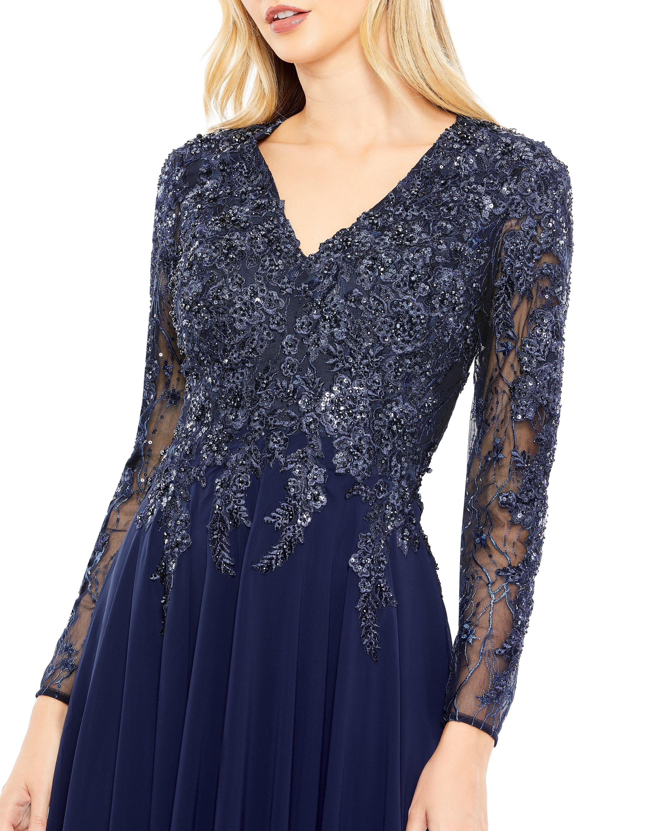 Embroidered Illusion V Neck Long Sleeve Dress – Mac Duggal