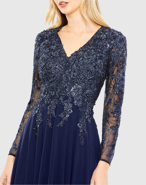 Blue Embellished Illusion V Neck Long Sleeve Gown