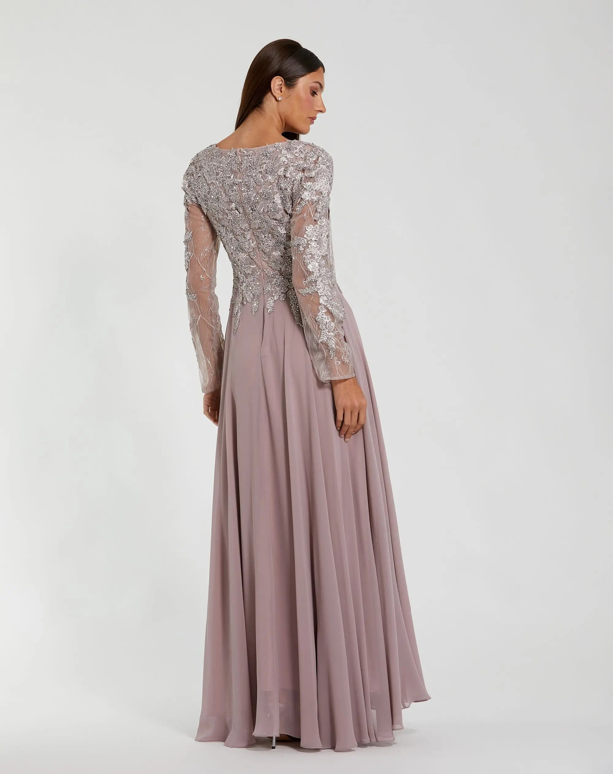 Purple Embellished Illusion V Neck Long Sleeve Gown - Mac Duggal