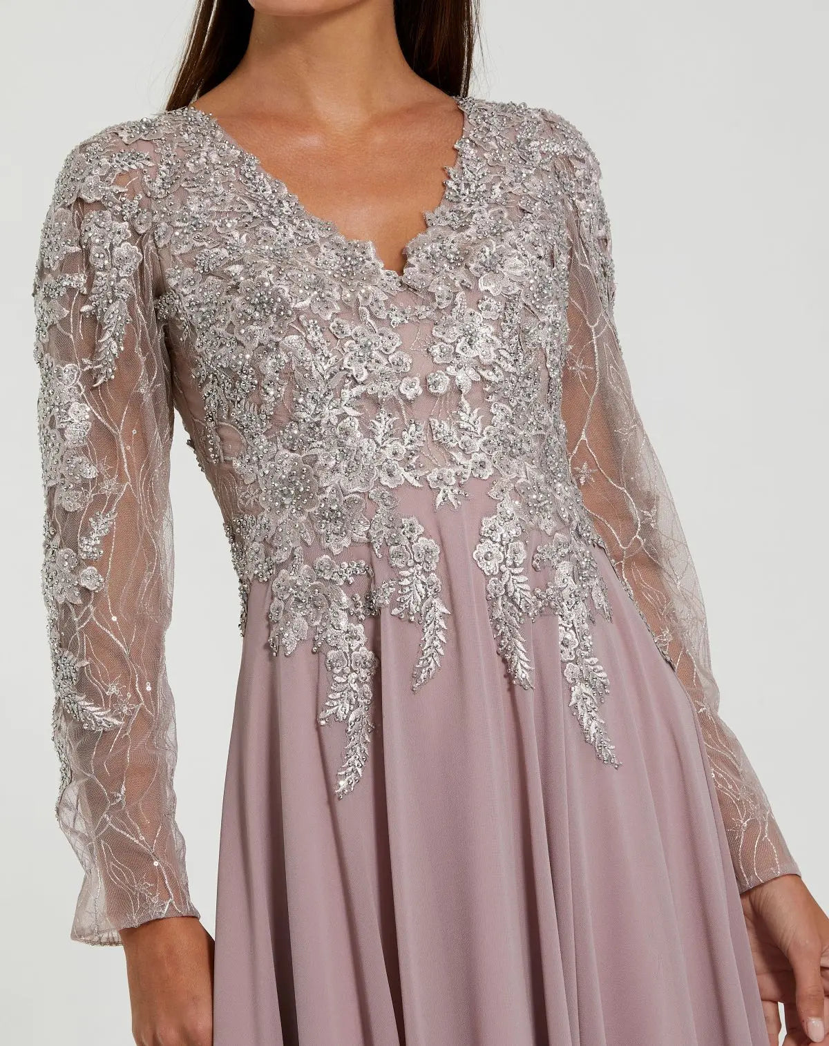 Purple Embellished Illusion V Neck Long Sleeve Gown