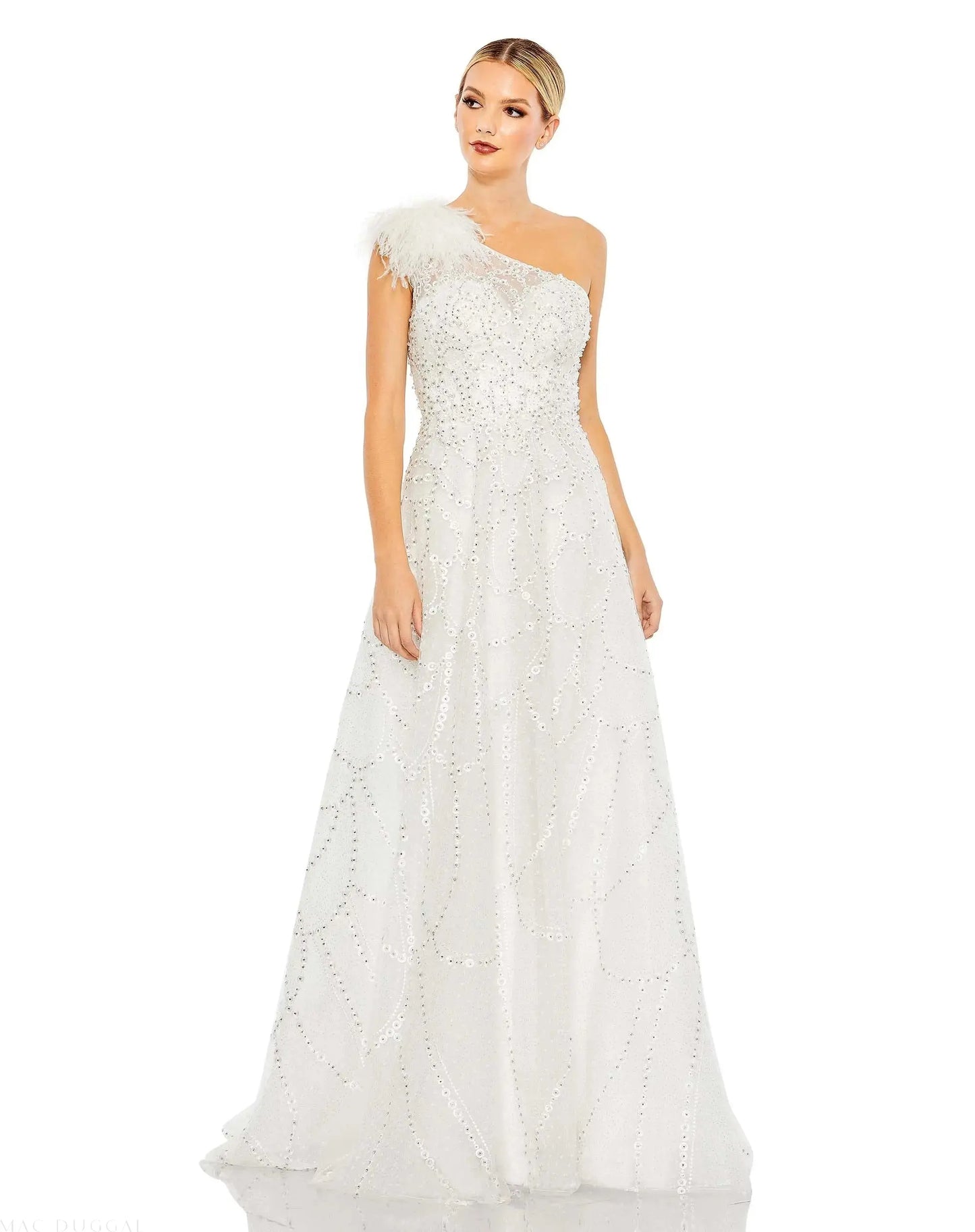 Mac Duggal Embellished One Shoulder A Line Prom Gown In Ivory, Size 2