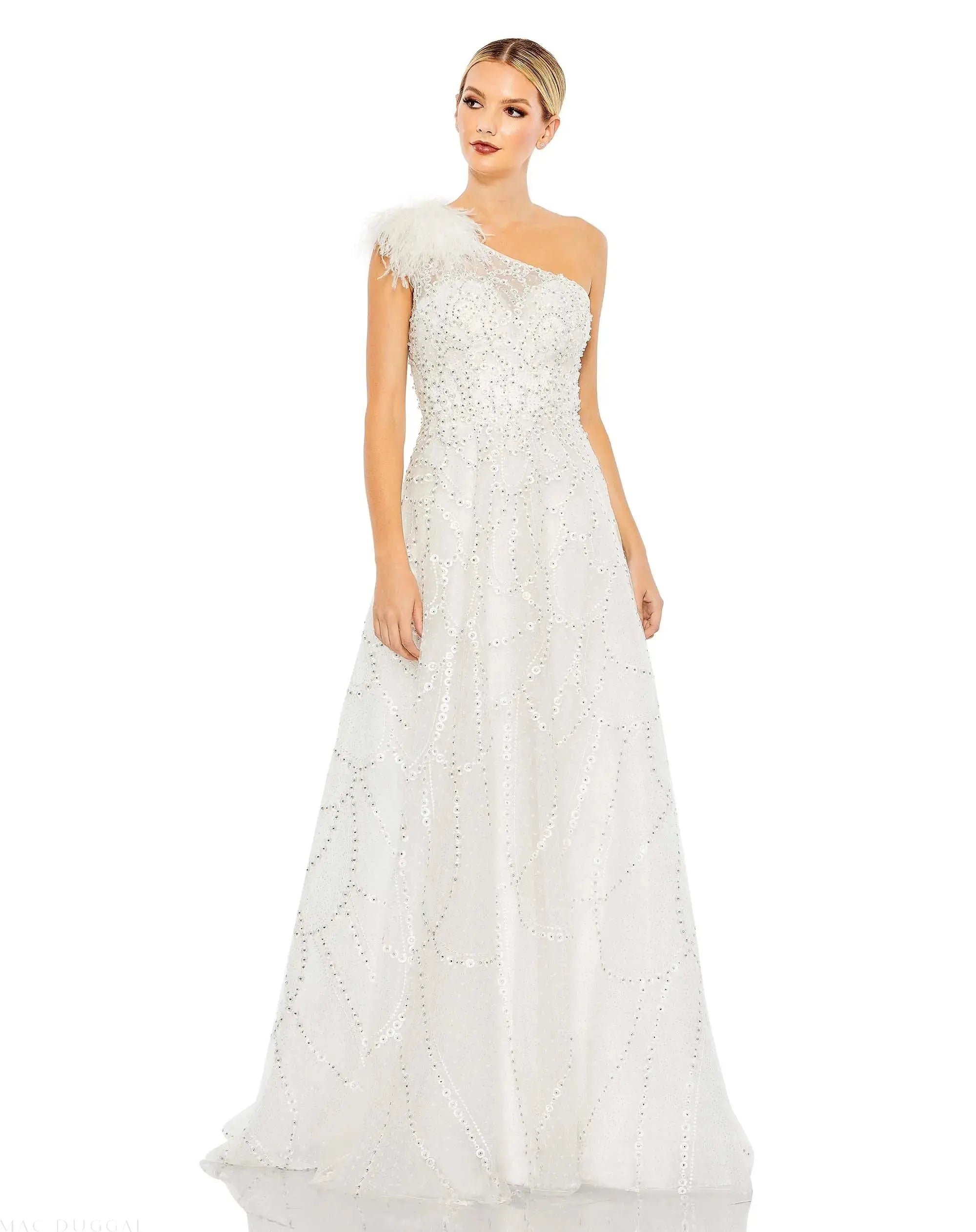 White Embellished One Shoulder A Line Gown - Mac Duggal