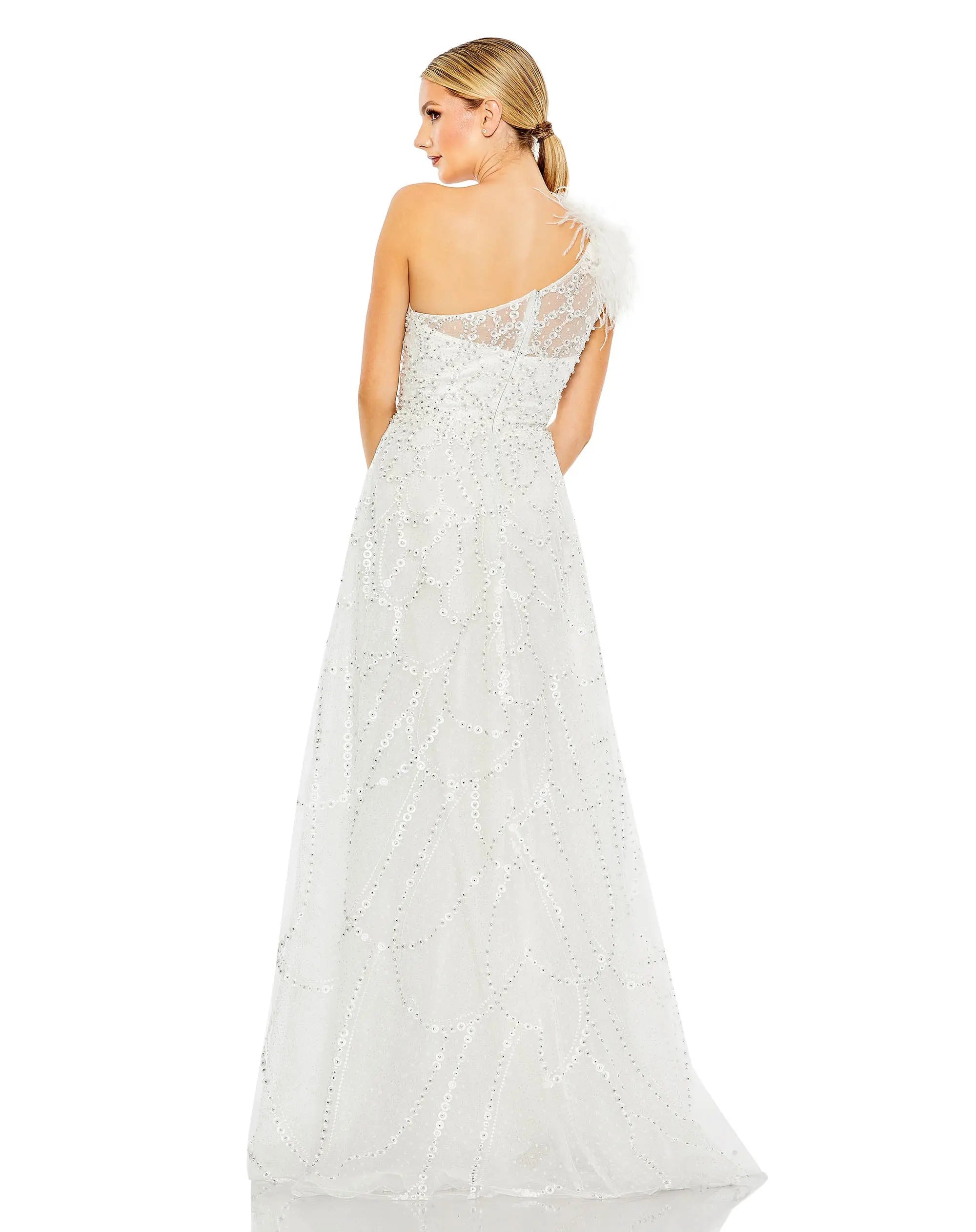 White Embellished One Shoulder A Line Gown - Mac Duggal