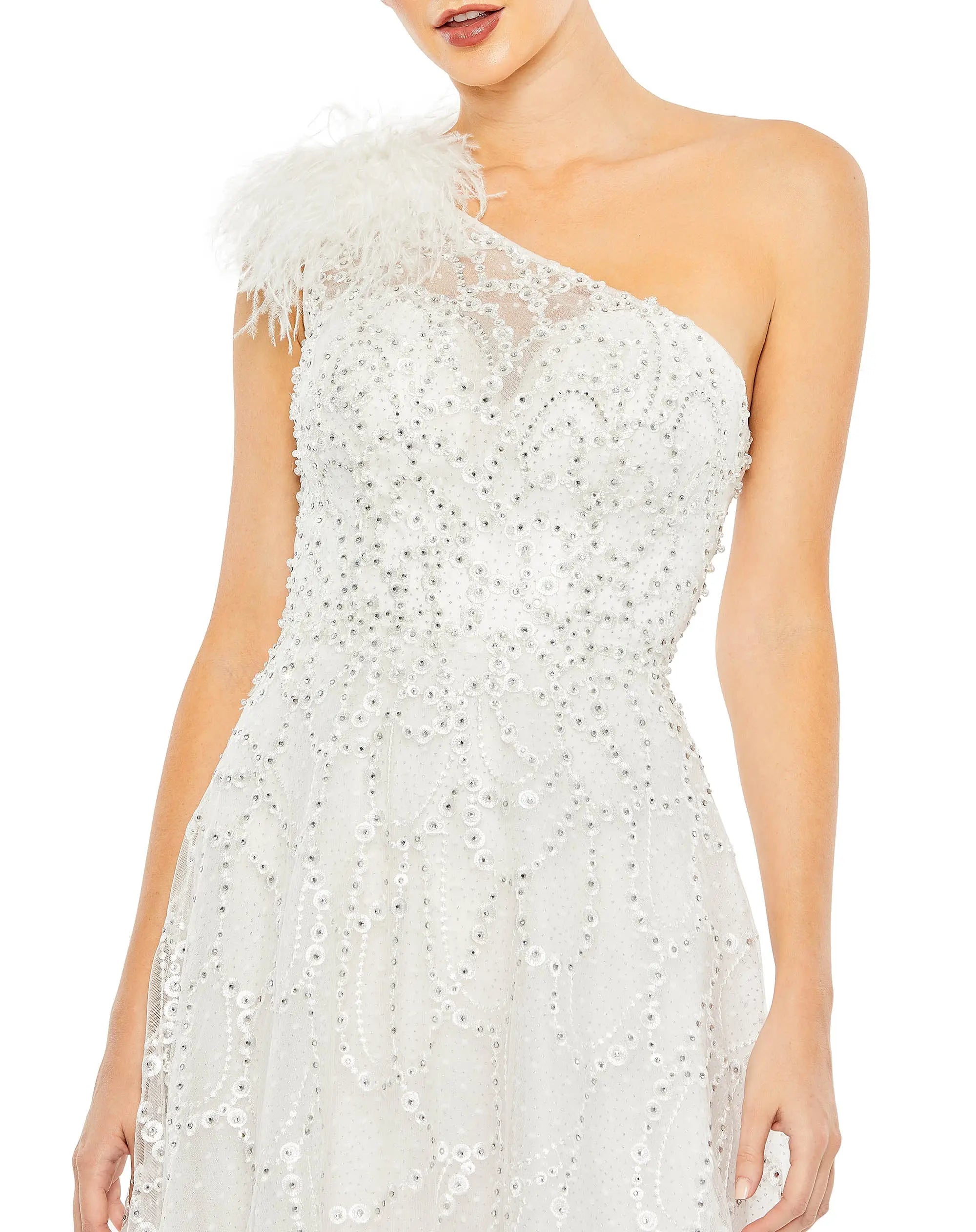 White Embellished One Shoulder A Line Gown - Mac Duggal