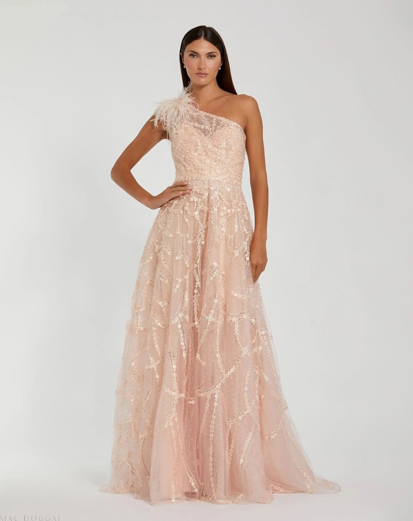 Mac Duggal Embellished One Shoulder A Line Gown, 2 / Peach